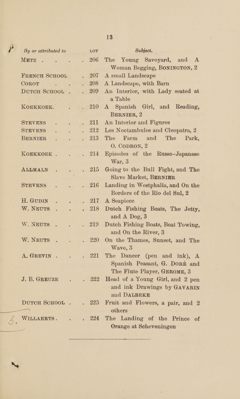  METZ KOEKKOEK. STEVENS STEVENS BERNIER KOEKKOEK . ALLMALN H. GUDIN W. NEUTS W. NEUTS W. NEvTS A. GREVIN . J. B. GREUZE WILLAERTS. 206 209 210 211 212 213 214 215 217 218 219 220 221 222 223 224 13 The Young Savoyard, and A Woman Begging, BONINGTON, 2 An Interior, with Lady seated at a Table A Spanish Girl, and Reading, BERNIER, 2 An Interior and Figures Les Noctambules and Cleopatra, 2 The Farm and The Park, O. CODRON, 2 Episodes of the Russo-Japanese War, 3 Going to the Bull Fight, and The Slave Market, BERNIER Borders of the Rio del Sul, 2 A Seapiece Dutch Fishing Boats, The Jetty, and A Dog, 3 Dutch Fishing Boats, Boat Towing, and On the River, 3 On the Thames, Sunset, and The Wave, 3 The Dancer (pen and ink), A Spanish Peasant, G. DORE and The Flute Player, GEROME, 3 Head of a Young Girl, and 2 pen and ink Drawings by GAVARIN and DALBEKE Fruit and Flowers, a pair, and 2 others The Landing of the Prince of Orange at Scheveningen