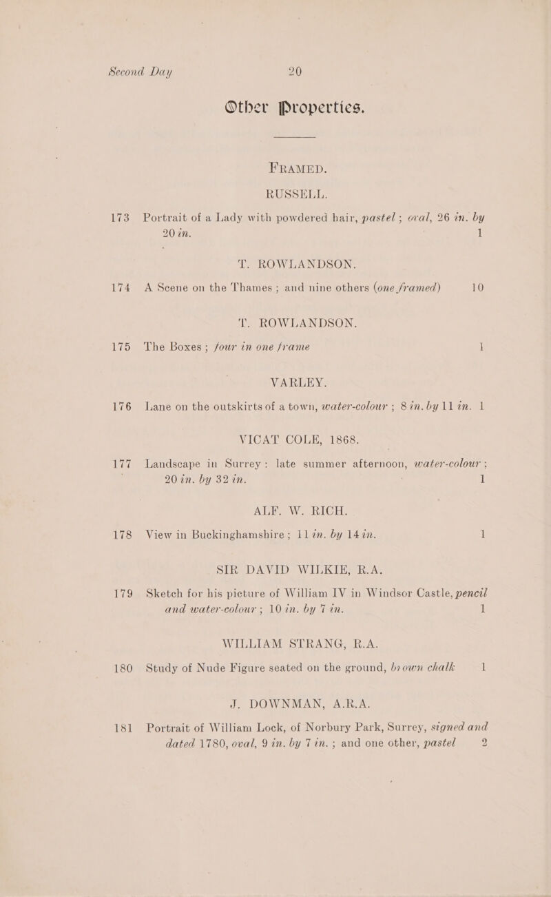 173 174 175 176 hee 178 180 181 Other Properties. FRAMED. RUSSELL. Portrait of a Lady with powdered hair, pastel ; oval, 26 in. by 20 an. | 1 T. ROWLANDSON. A Scene on the Thames ; and nine others (one framed) 10 T. ROWLANDSON. The Boxes ; four in one frame i VARLEY. Lane on the outskirts of a town, water-colour ; 8in. by 1lin. 1 VICAT COLE, 1868. Landscape in Surrey: late summer afternoon, water-colour ; 20 an. by 32 in. 1 ALF. W. RICH. View in Buckinghamshire; il zn. by 142. 1 SIR DAVID WILKIE, R.A. Sketch for his picture of William IV in Windsor Castle, pencal and water-colour ; 10 in. by 7 in. 1 WILLIAM STRANG, R.A. Study of Nude Figure seated on the ground, br0wn chalk 1 J. DOWNMAN, A.R.A. Portrait of William Lock, of Norbury Park, Surrey, stgned and dated 1780, oval, 9 in. by Tin. ; and one other, pastel 2