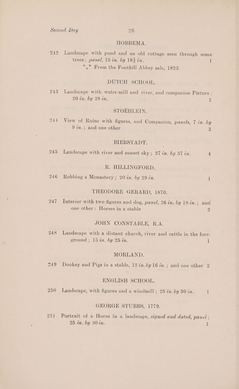 243 bo oe Or 250 bo Cn — HOBBEMA. Landscape with pond and an old cottage seen through some trees; panel, 15 in. by 184 in. ] *,* From the Fonthill Abbey sale, 1823. DUTCH. SCHOOT:, Landscape with water-mill and river, and companion Picture - 20 in. by 28 in. 9 STOEHLEIN. View of Ruins with figures, and Companion, panels, 7 in. by 97m.; and one other 3 BIERSTADT. ; Landscape with river and sunset sky; 27 in. by 37 in. 4 R. HILLINGFORD. Robbing a Monastery ; 20 én. by 29 in. ] THEODORE GERARD, 1870. Interior with two figures and dog, panel, 26 in. by 18in.; and one other: Horses in a stable 2 JOHN CONSTABLE, R.A. Landscape with a distant church, river and cattle in the fore- ground ; 15 in. by 25 in. 1 MORLAND. Donkey and Pigs in a stable, 12 in. by 16 im. ; and one other 2 ENGLISH SCHOOL. Landscape, with figures and a windmill ; 25 in. by 30 zn. ] GEORGE STUBBS, 1779. Portrait of a Horse in a landscape, signed and dated, panel ; 25 in. by 30in. 1