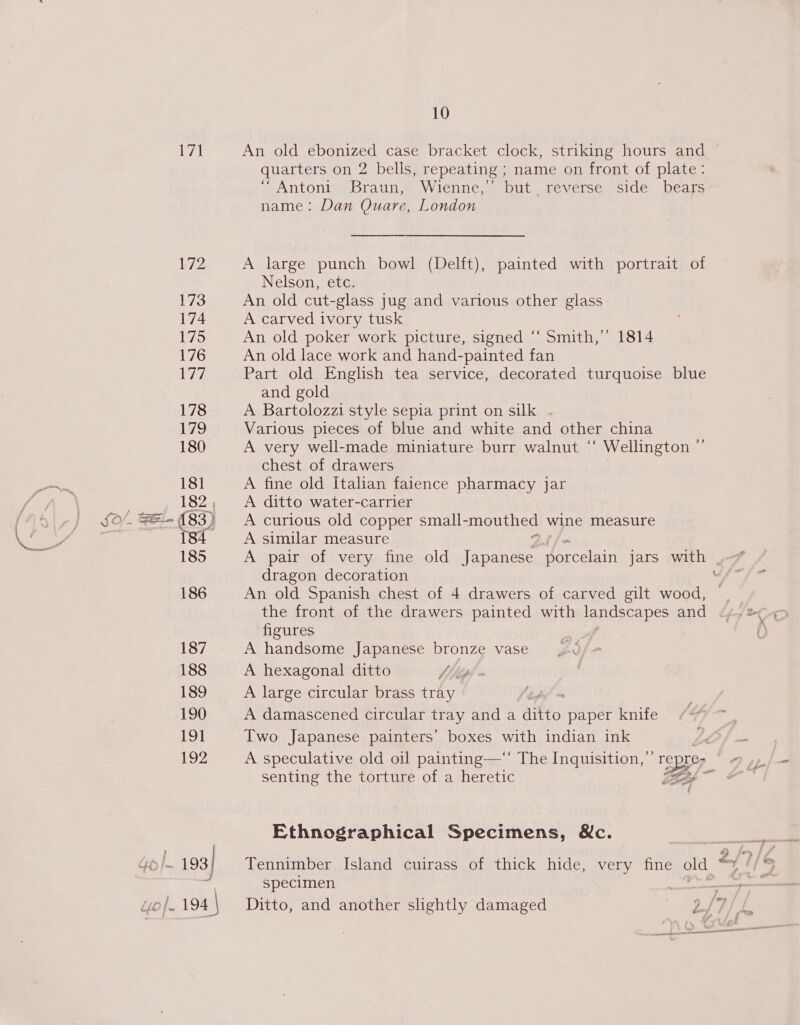 10 ial An old ebonized case bracket clock, striking hours and quarters on 2 bells, repeating ; name on front of plate: “Antoni Braun, Wienne,’ but reverse side bears name: Dan Quare, London 172 A large punch bowl (Delft), painted with portrait of Nelson, etc. 173 An old cut-glass jug and various other glass 174 A carved ivory tusk L75 An old poker work picture, signed “‘ Smith,” 1814 176 An old lace work and hand-painted fan LAL Part old English tea service, decorated turquoise blue and gold 178 A Bartolozzi style sepia print on silk - 7 ke} Various pieces of blue and white and other china 180 A very well-made miniature burr walnut ‘‘ Wellington ”’ chest of drawers 181 A fine old Italian faience pharmacy jar 182, A ditto water-carrier Se O/. Ela (83) A curious old copper small-mouthed wine measure sd A similar measure 4.¢ fm 185 A pair of very fine old Japanese sorcelain jars with | dragon decoration v 186 An old Spanish chest of 4 drawers of carved gilt wood, the front of the drawers painted with landscapes and figures 187 A handsome Japanese bronze vase 188 A hexagonal ditto hihigs 189 A large circular brass tray fi = 190 A damascened circular tray and a ditto paper knife 191 Two Japanese painters’ boxes with indian ink 192 A speculative old oil painting—‘* The Inquisition, ”’ re re ae é Ethnographical Specimens, &amp;c. specimen : wb