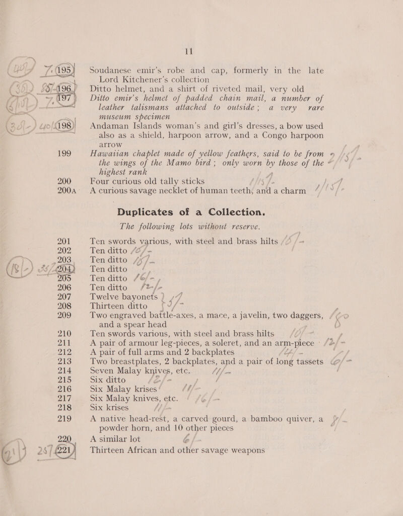 ‘6 E qq bie = ” f Senses Me aI ao 199 200 201 202 206 207 208 209 210 2¥1 212 213 214 215 216 217 218 219 iI Lord Kitchener's collection Ditto helmet, and a shirt of riveted mail, very old Ditto emir’s helmet of padded chain mail, a number of leather talismans attached to outside; a very rare museum specimen Andaman Islands woman's and girl’s dresses, a bow used also as a shield, harpoon arrow, and a Congo harpoon arrow Hawaiian chaplet made of yellow feathers, said to be from »# the wings of the Mamo bird; only worn Py those of the * highest rank Four curious old tally sticks | A curious savage necklet of human teeth, ane a charm “‘Busliestes of a Collection. The following lots without reserve. Ten swords various, with steel and brass hilts , Ten ditto /2/- Ten ditto “4/. Ten ditto ‘sy Ten ditto /6/-, Ten ditto /%/+ Twelve bayonets | Ls Thirteen ditto [¥/7 Two engraved battle-axes, a mace, a javelin, two daggers, and a spear head Ten swords various, with steel and brass hilts ae A pair of armour leg- pieces, a soleret, and an arm- ~plece fe A pair of full arms and 2 backplates : Two breastplates, 2 Reekpiates) ope a pair of ra, tassets Seven Malay ie ever Mf me Six ditto / aie / Six Malay krises / fd, Six Malay knives, etc. Six krises A native head-rest, a carved gourd, a bamboo quiver, a powder horn, and 10 eer pleces A similar lot le fm Thirteen African and aor savage weapons