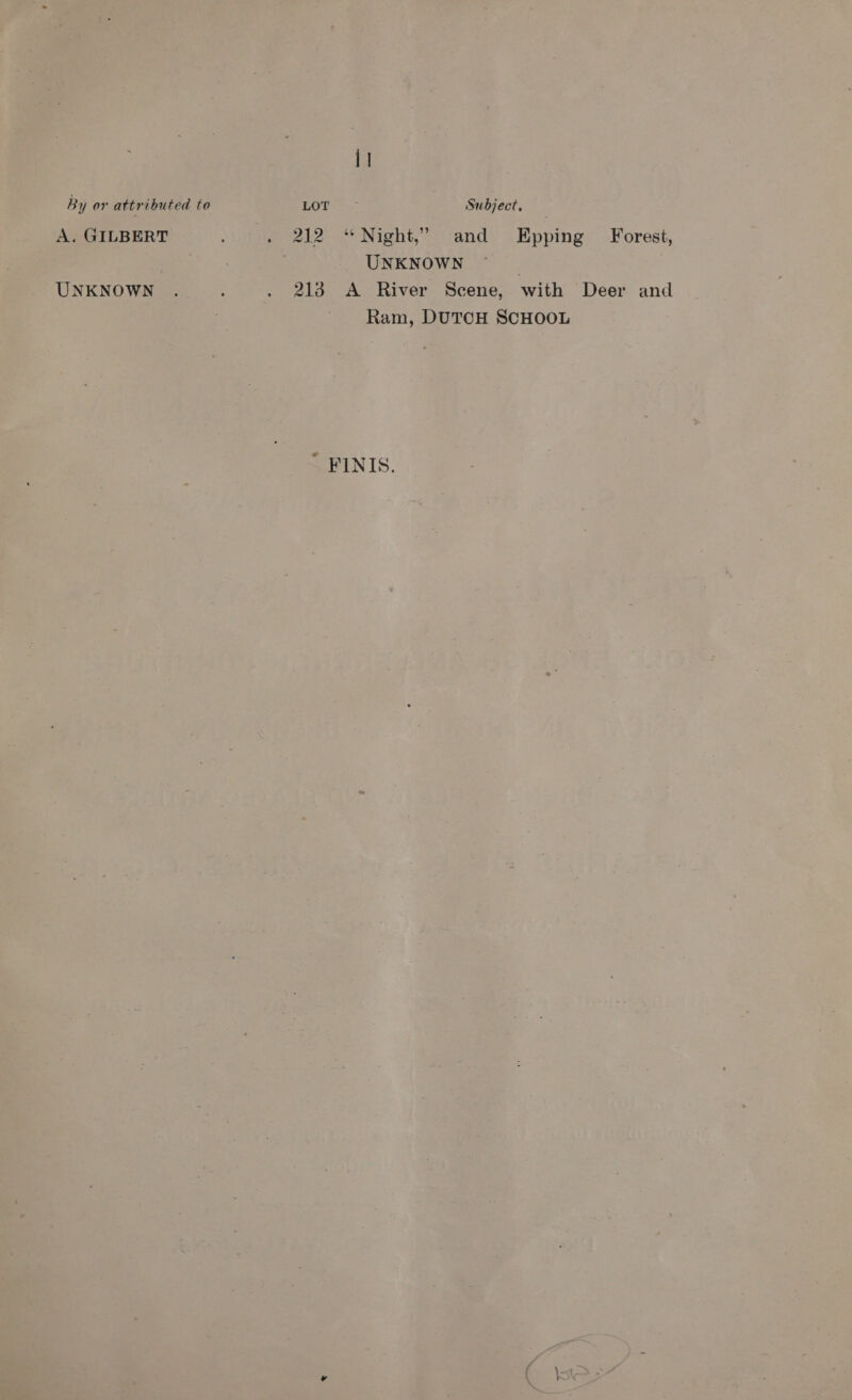 i] By or attributed to ey cea Subject, A. GILBERT . 212 “Night,” and Epping Forest, UNKNOWN UNKNOWN . 4 . 213 A River Scene, with Deer and Ram, DUTCH SCHOOL ’ FINIS.