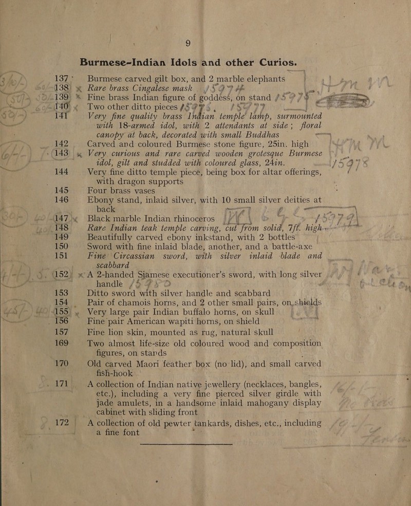  Burmese carved gilt box, and 2 marble eon canopy at back, decorated with small Buddhas Carved and coloured Burmese stone figure, 25in. high Very curious and rare carved wooden grotesque Burmese idol, gilt and studded with coloured glass, 241n. Very fine ditto temple piece, being box for altar offerings, with dragon supports Four brass vases Ebony stand, inlaid silver, with 10 small silver deities at back re va | ry men Black marble Indian rhinoceros Beautifully carved ebony inkstand, with 2 bottles Sword with fine inlaid blade, another, and a battle-axe Fine Cutrcassian sword, with silver inlaid -blade and _scabbard handle /&amp; Ditto sword with ee handle and scabbard Pair of chamois horns, and 2 other small pairs, on,shields Very large pair Indian buffalo horns, on skull Fine lion skin, mounted as rug, natural skull Two almost life-size old coloured wood and composition figures, on stands Old carved Maori feather box (no id), and small carved fish-hook A collection of Indian native jewellery (necklaces, bangles, etc.), including a very fine pierced silver girdle with jade amulets, in a handsome inlaid mahogany display cabinet with sliding front a fine font * Rare brass Cingalese mask _ ,/. vO 9 df os | Fine brass Indian figure of goddess, on stand /&lt; GIF Two other ditto pieces £4 f how | t Soy 29 eg Very fine quality brass Indian temple’ lamp, surmounted J | eR ed =~ 2