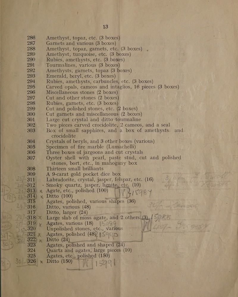   Rubies, amethysts, etc. (3 boxes) Emerald, beryl, etc. (3 boxes) _ Rubies, amethysts, carbuncles, etc. (3 boxes) Carved opals, cameos and intaglios, 16 pieces (3 boxes) Miscellaneous stones (2 boxes) Cut and other stones (2 boxes) _ Rubies, garnets, etc. (3 boxes) , Cut and polished stones, etc. (2 boxes) Cut garnets and miscellaneous (2 boxes) Large cut crystal and ditto tourmaline Two pieces carved crocidolite, 2 cameos, and a seal Box of small sapphires, and a box of amethysts. and crocidolite Crystals of beryls, and 3 other boxes (various) Specimen of fire marble (Lumachelli) Three boxes of jargoons and cut crystals Oyster shell with pearl, paste stud, cut and polished stones, bort, etc., in mahogany box Thirteen small brilliants A 9-carat gold pocket dice box Labradorite, crystal, jasper, felspar, etc. (16) - Smoky quartz, jasper, lignite, etc. (10) Agate, etc., polished (100) wi ve his A aY Ditto (100) Vi Re Dae Agates, polished, various shidpes ‘(36) Ditto, various (48) Ditto, larger (24) Large slab of moss agate, and 2 her 8 {eK | Agates, various (18) |) 4 : Unpolished stones, Lc. various Agates, oS a) i. os % Agates, etc. _ polished eo). Ditto (150) © 11L7 ertninererarten ts