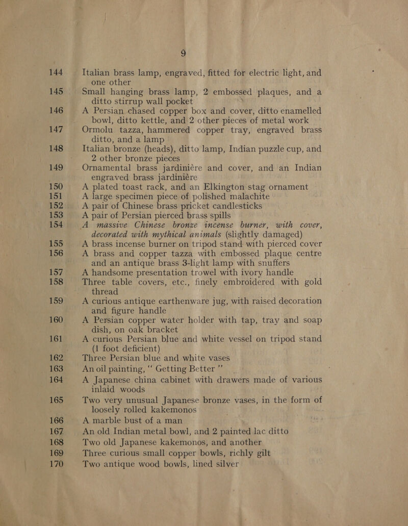 144 145 146 147 148 149 150 151 152 153 154 155 156 158 159 160 161 164 165 166 167 168 169 170 a Italian brass lamp, engraved, fitted for electric light, and one other Small hanging brass lamp, 2 embossed plaques, and a ditto stirrup wall pocket A Persian chased copper box and cover, ditto enamelled bowl, ditto kettle, and 2 other pieces of metal work Ormolu tazza, hammered copper tray, engraved brass ditto, and a lamp Italian. bronze (heads), ditto lamp, Indian puzzle cup, and 2 other bronze pieces Ornamental brass jardiniére and cover, and an Indian engraved brass jardiniére A plated toast rack, and an Elkington stag ornament A large specimen piece of polished malachite A pair of Chinese brass pricket candlesticks A pair of Persian pierced brass spills decorated with mythical animals (slightly damaged) A brass incense burner on tripod stand with pierced cover A brass and copper tazza with embossed plaque centre and an antique brass 3-light lamp with snuffers A handsome presentation trowel with ivory handle Three table covers, etc., finely embroidered with gold thread A curious antique earthenware jug, with raised decoration and figure handle A Persian copper water holder with tap, tray and soap dish, on oak bracket A curious Persian blue and white vessel on tripod stand (1 foot deficient) Three Persian blue and white vases An oil painting, ‘‘ Getting Better ”’ A Japanese china cabinet with drawers made of various inlaid woods Two very unusual Japanese bronze vases, in the form of loosely rolled kakemonos A marble bust of a man An old Indian metal bowl, and 2 painted lac ditto Two old Japanese kakemonos, and another Three curious small copper bowls, richly gilt Two antique wood bowls, lined silver