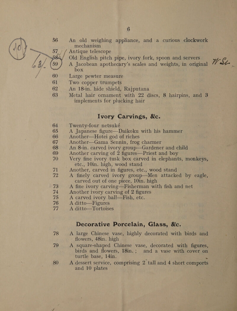 79 80 6 An old weighing appliance, and a curious clockwork mechanism Old English pitch pipe, ivory fork, spoon and servers YW i A Jacobean apothecary’s scales and weights, in original box Large pewter measure Two copper trumpets An 18-in. hide shield, Rajputana Metal hair ornament with 22 discs, 8 hairpins, and 3 implements for plucking hair Ivory Carvings, &amp;c. Twenty-four netsuké A Japanese figure—Daikoku with his hammer Another—Hotei god of riches Another—Gama Sennin, frog charmer An 8-in. carved ivory group—Gardener and child Another carving of 2 figures—Priest and boy Very fine ivory tusk box carved in elephants, monkeys, etc., 10in. high, wood stand A finely carved ivory group—Men attacked by eagle, carved out of one piece, 10in. high A fine ivory carving—Fisherman with fish and net Another ivory carving of 2 figures A carved ivory ball—Fish, etc. A ditto—Figures A ditto—Tortoises Decorative Porcelain, Glass, &amp;c. A large Chinese vase, highly decorated with birds and flowers, 48in. high A square-shaped Chinese vase, decorated with figures, birds and flowers, 18in.; and a vase with cover on turtle base, 14in. A dessert service, comprising 2 tall and 4 short comports and 10 plates