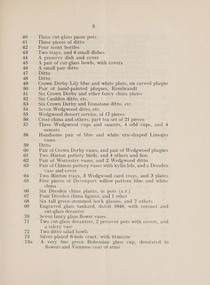 Three cut-glass paste pots Three pieces of ditto Four scent bottles Two trays, and 4 small dishes A preserve dish and cover A pair of cut-glass bowls, with covers A small pair ditto Ditto Ditto Crown Derby Lily blue and white plate, on carved plaque Pair of hand-painted plaques, Rembrandt Six Crown Derby and other fancy china plates Six Cauldon ditto, etc. Six Crown Derby and Ironstone ditto, etc. Seven Wedgwood ditto, etc. Wedgwood dessert service, of 17 pieces Crest china and others, part tea set of 21 pieces Three Wedgwood cups and saucers, 4 odd cups, and 4 saucers Handsome pair of blue and white urn-shaped Limoges vases Ditto Pair of Crown Derby vases, and pair of Wedgwood plaques Two Hinton pottery birds, and 4 others and hon Pair of Worcester vases, and 2 Wedgwood ditto Pair of Chinese pottery vases with kylin lids, and a Dresden vase and cover Two Minton trays, 3 Wedgwood card trays, and 3 plates Five pieces of Davenport willow pattern blue and white china Six Dresden china plants, in pots (A.F.) Four Dresden china figures, and 1 other Six tall green-stemmed hock glasses, and 7 others Engraved glass tankard, dated 1646, with coronet and cut-glass decanter Seven fancy glass flower vases Two cut-glass decanters, 2 preserve pots with covers, and a celery vase Two ditto salad bowls Silver-plated 6-hole cruet, with fitments A very fine green Bohemian glass cup, decorated in flowers and Viennese coat of arms