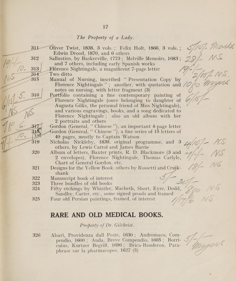 326 The Property of a Lady. Edwin Drood, 1870, and 6 others ae Le Sallustius, by Baskerville, 1773 ; Melville Memoirs, 1683 ; pe Si fe {YU \dm and 7 others, including early Spanish works fy Two ditto 2 ‘7 a {VS . Manual of Nursing, inscribed “ Presentation Copy by ‘ Florence Nightingale’’; another, with quotation and JO 6 notes on nursing, with letter fragment (3) Cfo Florence Nightingale (once belonging to daughter of @/” Augusta Gilks, the personal friend of Miss Nightingale), and various engravings, books, and a song dedicated to Florence Nightingale; also an old album with her 2 portraits and others Gordon (General, “‘ Chinese ’’), an important 4-page letter 40 pages, mostly to Captain Watson yd Nicholas Nickleby, 1839, original programme, and 3 Ly/O _ MNS others, by Lewis Carrol and James Barrie eS Album of letters, Baxter prints, R. D. Blackmore (3 and Xf [_ ge MMS 2 envelopes), Florence Nightingale, Thomas Carlyle, // , nee Chart of General Gordon, etc. po AAC Designs for the Yellow Book, others by Rossetti and Cruik- hay shank Pe a Manuscript book of interest v ee ae Three bundles of old books Sy — Fifty etchings by Whistler, Macbeth, Short, rails Dodd, “\ é &gt; Sandby, Carter, etc., some signed proofs and framed rane | Four old Persian paintings, framed, of interest St RARE AND OLD MEDICAL BOOKS. Property of Dr. Gilchrist. Alsari, Providenza dall Peste, 1630; Andromaco, Com- Or, pendio, 1600; Auda, Breve Compendio, 1665 ; Borri- et cuius, Kurtzer Begriff, 1696; Brica-Bauderon, Para- YP phrase sur la pharmacopee, 1627 (5)