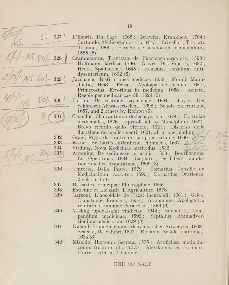 Eee 13 a ‘ 327 | L’Esprit, Du Sage, 1665; Drawitz, Krankheit, 1704; We Curtaudo, Medicorum oratio, 1645; Crivellati, Trattato ~r“di Vino, 1600; Fernelius, Consiliorum medicinalium, Sai ay 1585 (5) N VOL 328 } Grammannus, Tractatus de Pharmacopurgantis, 1593 ; Len Hoffmann, Medica, 1736; Grives, Des Viperes, 1632 ; Heers, Spadacrene, 1645; Heinsius, Consilium anti- Gr at ? dysentericum, 1662 (5) 60 I- 329 | Jacchaeus, Institutiones medicae, 1653; Morali, Manu- Primerosius, Erroribus in medicina, 1658; Renato, en : Regole per medicar cavalli, 1624 (5) S$ Ojr 330 \ Torrini, De sectione saphaenae, 1661; Thym, Der —&lt;———es Chlesisch-Altwasserischen, 1698; Schola Salernitana, _ 1657, and 2 others by Richter (5) 4 f 331) Castellus, Chalcantinum dodechaporion, 1619; Epistolae ee medicinales, 1626; Epistola ad Jo. Manelphum, 1622 ; Brevo ricordo dello vitriolo, 1621; Discorso della duratione de medicamenti, 1621, all in one binding .,/ / WMS. 332 Graef, Regn. de Traitte du suc pancreatique, 1666 4 - aye eee Af 333_.....ettner, Eckhart’s entlauffener chymicus, 1697 A/af-, VS 334, Virdung, Nova Medicinae methodus, 1532 Lh) 05) VS 335 Antonius, De sedimente in urinis, 1558; Bourbénnois, Les Operations, 1634; Cagnatus, De Tiberis inunda- tione medica disputatione, 1599 (3) 336 Centorio, Della Peste, 1579; Cornarius, Consiliorum Medicinalium tractatus, 1599; Dornavius, Orationes, | 2 vols. in | (3) 337 Descartes, Principiae Philosophiae, 1656 338 Estienne et Liebault, L’Agriculture, 1578 339 Garzoni, L’hospidale de Pazzi incurabili, 1601; Gelee, L’anatomie Francois, 1657; Gramannus, Apologetica refutatio calumniae Paracelsus, 1593 (3) 340 Vesling Opobalsami vindiciae, 1644; Simonetta, Com- pendium medicinae, 1592; Septalius, Animadver- sionium medicarum, 1629 (3) 341 Ruland, Propugnaculum Alchymistichen Artzneyen, 1608 ; Scacchi, De Salubri, 1622 ; Riolanus, Schola anatomica, 1624 (3) 342 Mizaldo, Hortoum Secreta, 1575; Artificlosa methodus comp. fructum, etc., 1575; Alexikopus seu auxiliaris Hortis, 1575, in 1 binding EMD “OF SALE.