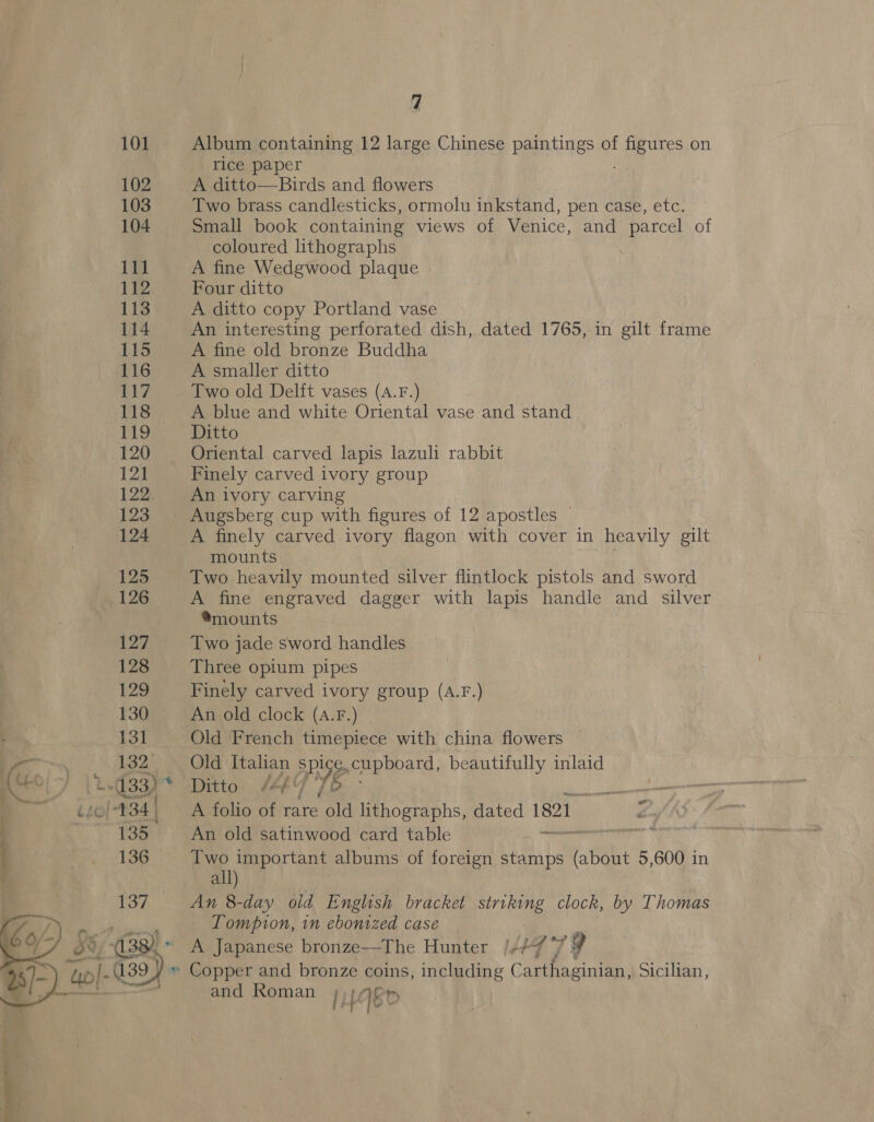  Album containing 12 large Chinese paintings of ti bea on rice paper A ditto—Birds and flowers Two brass candlesticks, ormolu inkstand, pen case, etc. Small book containing views of Venice, and parcel of _ coloured lithographs A fine Wedgwood plaque Four ditto A ditto copy Portland vase A fine old bronze Buddha A smaller ditto Two old Delft vases (A.F.) A blue and white Oriental vase and stand Ditto Oriental carved lapis lazuli rabbit Finely carved ivory group An ivory carving Augsberg cup with figures of 12 apostles | A finely carved ivory flagon with cover in heavily gilt mounts Two heavily mounted silver flintlock pistols and sword A fine engraved dagger with lapis handle and silver ®mounts Two jade sword handles Three opium pipes Finely carved ivory group (A.F.) An old clock (A.F.) | Old aces Siig e. cupboard, beautifully inlaid Ditto /47 76 - ce A folio of rare eats lithographs, dated 1821 ia An old satinwood card table wi Two important albums of foreign WR LBehe 5,600 in all) LTomption, in ebonized case A Japanese bronze—The Hunter » Copper and bronze coins, including Caries Sicilian, and Roman I LBD FTE