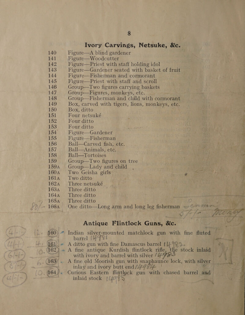Figure—A blind gardener Figure—Woodcutter Figure—Priest with staff holding idol Figure—Gardener seated with basket of fruit Figure—Fisherman and cormorant Figure—Priest with staff and scroll Group—Two figures carrying baskets Group—Figures, monkeys, etc. Group—Fisherman and child with éGannraae Box, carved with tigers, lions, monkeys, etc. Box, ditto Four netsuké Four ditto Four ditto Figure—Gardener Figure—Fisherman Ball—Carved fish, etc. Ball—Animals, etc. Ball—Tortoises Group—Two figures on tree Group—Lady and child Two Geisha girls Two ditto Three netsuké Three ditto Three ditto Three ditto Antique Flintlock Guns, Re. barrel [+ with ivory and barrel with silver / 4: inlay and ivory butt end (44-9 5%% inlaid stock { ({o gS nn, ~~ 