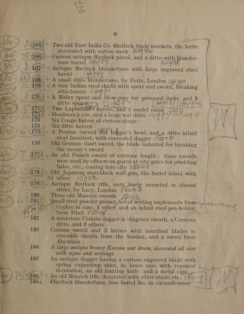 J (165)\ » Two old East India Co. flintlock trade muskets, the butts } “tat decorated with native work |} 4‘e 166 | « Curious antique. flintlock pistol, and a ditto pith, plunder- a buss barrel /4&amp;/*4 167 » Antique flintlock blunderbuss with large enarived steel pee F barrel Apa P x |» A small ditto “blunderbuss, by Potts, London }/one te SY « A rare Indian steel shield with spear and sword, breaking —** attachment /++97! G Sam). A Malay spear and blow-pipe for eel anys Oty: pnd 3 me ditto spears—-y (| HC] 4 MEPGS | PLP RIM, Yr oe, G vat * Two Laplanda@7? | byes and @ model canoe y Pa %  Fi  » » Headman’s axe, anda large war ditto /#- 7 qT} / AG IA wat ne Six Congo knives of curious shape nD Six ditto knives rag afc ) &amp;» » 175) » A Persian carved ‘fut békegar’s bowl, and_a ord inlaid IS ow ~ . steel handrest, with concealed dagger Yer , ie 176 Old German short sword, the blade indented ae breaking ae eee _ the enemy’s sword 4): j-, ». 774 » An old French sword of extreme length; these swords ee See were used:-by officers on guard at city gates for prodding oper bales, etc., coming into city ¢gOo bo/ * | 7 ae » Old Japanese He eine wall gun, the barrel inlaid with ES er silver /500% sf! + . 179) If Antique Rihlols rifle, very. ey mounted in chased i silver, by Lacy, London J 2a ——. . . 180, Three old Masonic swords ost fo} .-’) 181), Small steel powder primer,Set of writing implements from she PV ag a = igri a Eves in case, J other, and an inlaid steel pen-holder, ’ | * yy > rom Tibet / Soox f Py ede ise A miniature Chinese dagger in shagreen sheath, a Corsican ditto, and 3 others q 183 Curious sword and 2 knives with inscribed blades in crocodile sheath, from the Soudan, and a sword from . Abyssinia 184 A large antique bronze Korean war drum, decorated all over -s with signs and writings i 185 An antique dagger oa a curious engraved blade with ne 186) * An old Moorish rifle, decorated with silver studs, etc. | Z! 864 Flintlock blunderbuss, iron barrel 5in. in Gente ee  