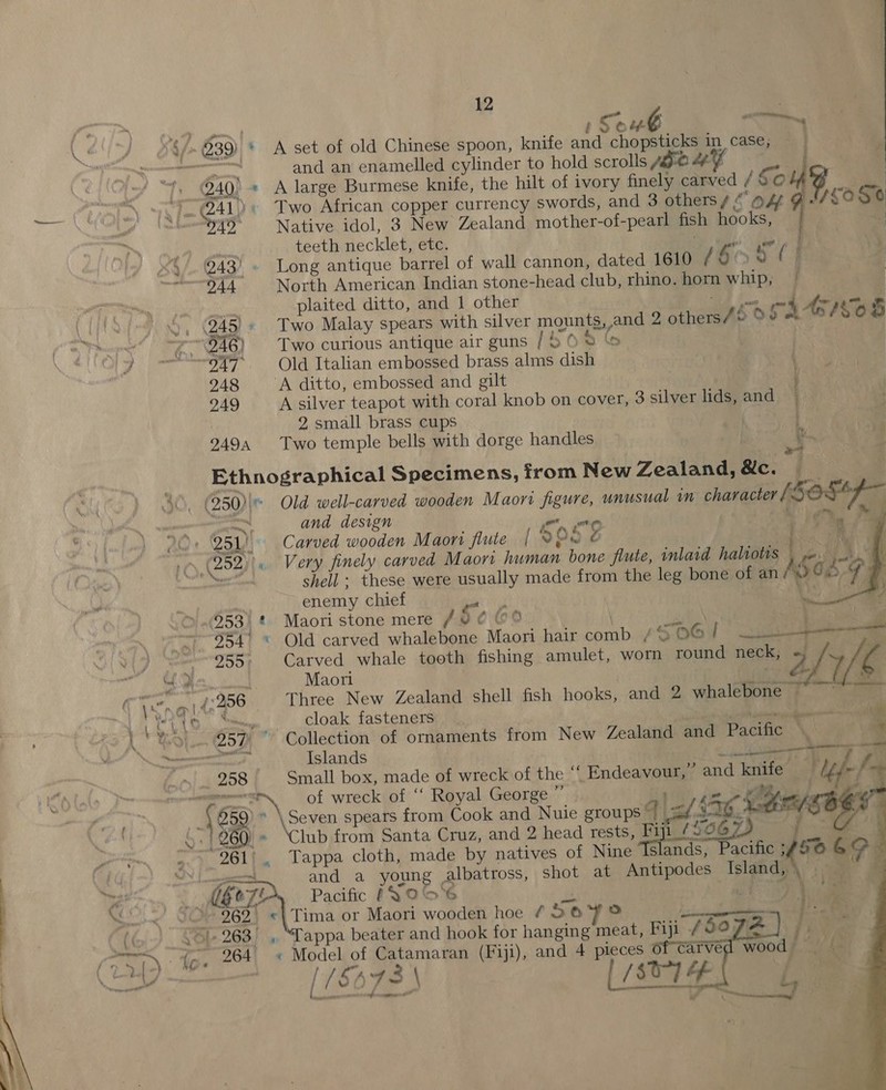  —— on 1 Sou€ Si §/»@39) * A set of old Chinese spoon, knife and chopsticks in case, , 5 pai and an enamelled cylinder to hold scrolls fee “Ay , ', (40) « A large Burmese knife, the hilt of ivory finely carved / Sok 9 } | “J @41)« Two African copper currency swords, and 3 others / “ @4 N/E O $6 “949° Native idol, 3 New Zealand mother-of-pearl fish hooks, | “y teeth necklet, etc. ' bs i ee \: Qe 24. Long antique barrel of wall cannon, dated 1610 16% ee 244 North American Indian stone-head club, rhino. horn whip; | laited ditto, and 1 other ce See : Lo SAENOS 4), (245) » Two Malay spears with silver mounts, and 2 others /¢ ~246) Two curious antique air guns /5 028 ‘947 Old Italian embossed brass alms dish 248 A ditto, embossed and gilt 4 249 A silver teapot with coral knob on cover, 3 silver lids, and | 2 small brass cups 2494 Two temple bells with dorge handles { hen 8 2 Ethnographical Specimens, from New Zealand, Sic. , Amy. (250)\ Old well-carved wooden Maori figure, unusual in character (SOS — eee and design i olin ot i pa ae 20+ Q5L' Carved wooden Maori flute | VOD Rag 6 ay m3 ry (252) 0. Very finely carved Maori human bone flute, inlaid haliotis ye, : een shell; these were usually made from the leg bone of an Sod, G a: enemy chief Ba . ys / 953\ * Maori stone mere /¥ ¢ (0 stan eT. 9541 * Old carved whalebone Maori hair comb / © O06) See ) - 955. Carved whale tooth fishing amulet, worn round neck, = / va Th Maori Z Mes      (Te 7-956 Three New Zealand shell fish hooks, and 2 whalebone > | ry Cag cloak fasteners “Dien imap al L Goon” Collection of ornaments from New Zealand and Pacific \ 4 canes IE Islands Te im aes Small box, made of wreck of the “ Endeavour,” and knife : 4: f : sn po of wreck of ‘‘ Royal George ” eas eae {689 \ Seven spears from Cook and Nuie groups | L <f IG. oes ¢ S: 260) = ‘Club from Santa Cruz, and 2 head rests, Fiji _/ 506) } Es “961; . Tappa cloth, made by natives of Nine Is ands, Pacific ;, 56 69 : (      NL eens and a young albatross, shot at Antipodes Island, si Ué a7 Pacific YO 6 # es ey »-962. «| Tima or Maori wooden hoe ¢ Soyo |i. salleglimiat tats (( “5/263, “Tappa beater and hook for hanging meat, Fiji (807A ] fs A . ms “{p, 264 « Model of Catamaran (Fiji), and 4 pieces of Carved wood - 4 p--—— 18673 [ sv