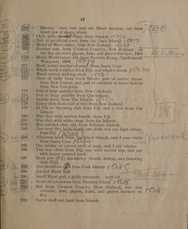  “ Hoeroa,”’ lower jaw of sperm whale Radin Club, with ci#reula® stone, from Islands /5 2°76 Model of Maori canoe, from New Zealand ) *) &amp; 2 Feather mat, from Urewera Country, New Zedland ; on the flax are Sewn pigeon, kaka and parrot feathers, 1904 Model Maori canoe, old, fre Wanganui, 1898 /SO7e Bowl, inlaid mother-of-pearl, from Santa Cruz Maori carved walking stick / 4° %rR-/ Piece of cable from Cook Straits, pair of native drums from New Caledonia Pair of large paddles from New Caledonia Pair of large paddles from Queensland Double bowl, from The Islands }5% “= Fancy club from root of tree from New Zealand Ai Ula or throwing club from Fiji, and a club from The Islands War club with matted handle, from Fiji War club with white rings, from the Islands Man catcher club, old, from Solomon Islands Two very fine kaya bowls, one dark and one light colour, oe ~ * from Santa Cruz /$ 0 S«¥ One taiaha, or carved staff of rank, and 2 old taiahas Two war clubs from Fiji, one with carved top, and one with heavy pointed knob Head rest (Fiji), knobkerry (South Africa), and throwing club (Fiji) 5 ae _ a ar Two sacrificial Re from Cook Islands ¢ 4 64 Jointed Maori doll ee eee Small Maori god, a gable ornament ; very old : Model of catamaran from Penrhyn Island / 60,4 Mat from Urewara Country (New Zealand), rare and valuable, kiwi, pigeon, kaka, and parrot feathers on flax . | | Turtle shell and head from Islands > 4 : {foe
