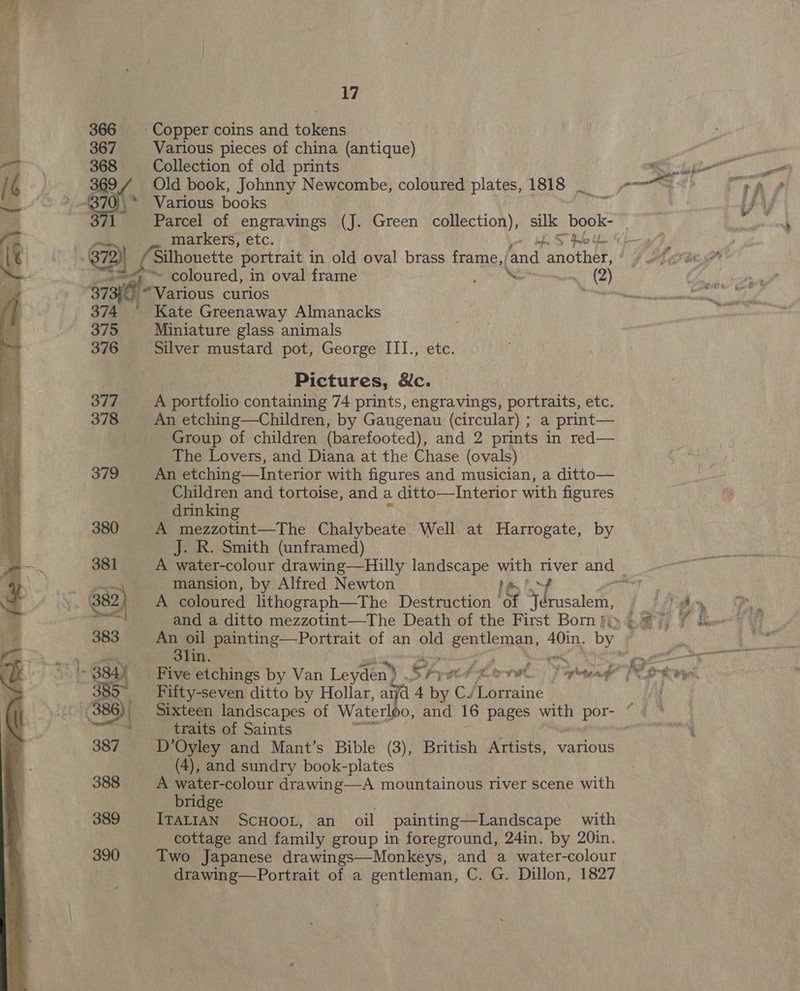 366 - Copper coins and tokens 367 Various pieces of china (antique) 368 Collection of old prints 369 f Old book, Johnny Newcombe, coloured plates, 1818 _ a 371 Parcel of engravings (J. Green collection), silk book- markers, etc. TMK ~ coloured, in oval frame pe (2) 373100 “Various curios 374 ° Kate Greenaway Almanacks 375 Miniature glass animals 376 Silver mustard pot, George III., etc. | Pictures, &amp;c. 377 A portfolio containing 74 prints, engravings, portraits, etc. 378 An etching—Children, by Gaugenau (circular) ; a print— Group of children (barefooted), and 2 prints in red— The Lovers, and Diana at the Chase (ovals) 379 An etching—Interior with figures and musician, a ditto— Children and tortoise, and a ditto—lInterior with figures drinking 380 A mezzotint—The Chalybeate Well at Harrogate, by J. R. Smith (unframed) 381 A water-colour drawing—Hilly landscape oa river and | pin mansion, by Alfred Newton ) 382, A coloured lithograph—The Destruction Ge acolo. 383 An oil painting—Portrait of an old Speen or by 3lin. Fifty-seven ditto by Hollar, ard 4 by Cy Lorraine | traits of Saints 387 D’Oyley and Mant’s Bible (3), British Artists, various , (4), and sundry book-plates 388 A water-colour drawing—A mountainous river scene with bridge 389 Iratian ScHooL, an oil painting—Landscape with cottage and family group in foreground, 24in. by 20in. 390 Two Japanese drawings—Monkeys, and a water-colour drawing—Portrait of a gentleman, C. G. Dillon, 1827