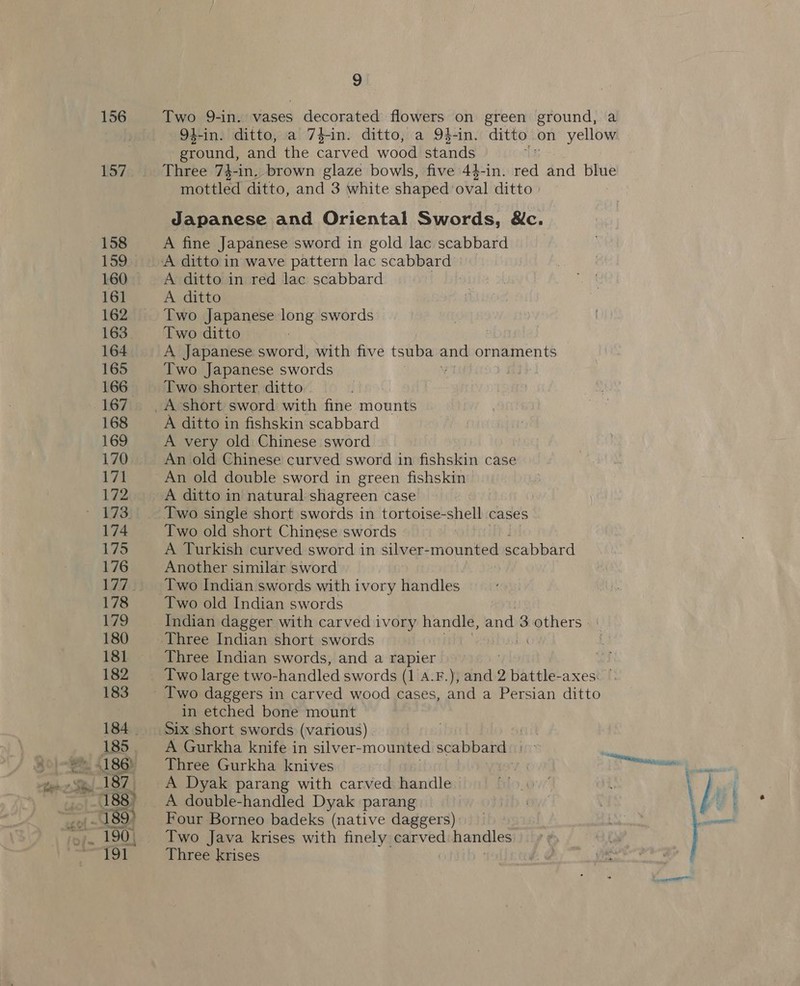 156 157 9 Two 9-in. vases decorated flowers on green ground, a ground, and the carved wood stands Three 74-in. brown glaze bowls, five 44-in. red and blue mottled ditto, and 3 white shaped oval ditto Japanese and Oriental Swords, &amp;c. A fine Japanese sword in gold lac scabbard A ditto in red lac scabbard A ditto Two Japanese long swords Two ditto A Japanese sword, with five tsuba and or naments Two Japanese swords Two shorter. ditto A ditto in fishskin scabbard A very old Chinese sword An old Chinese curved sword in fishskin case An old double sword in green fishskin A ditto in natural shagreen case Two single short swords in tortoise-shell cases Two old short Chinese swords | A Turkish curved sword in silver-mounted erahbArd Another similar sword Two Indian swords with ivory handles Indian dagger with carved ivory handle, and 3 others. Three Indian swords, and a rapier in etched bone mount A Gurkha knife in silver- mounted scabbard : » A Dyak parang with carved handle Four Borneo badeks (native daggers) Two Java krises with finely carved handles Three krises