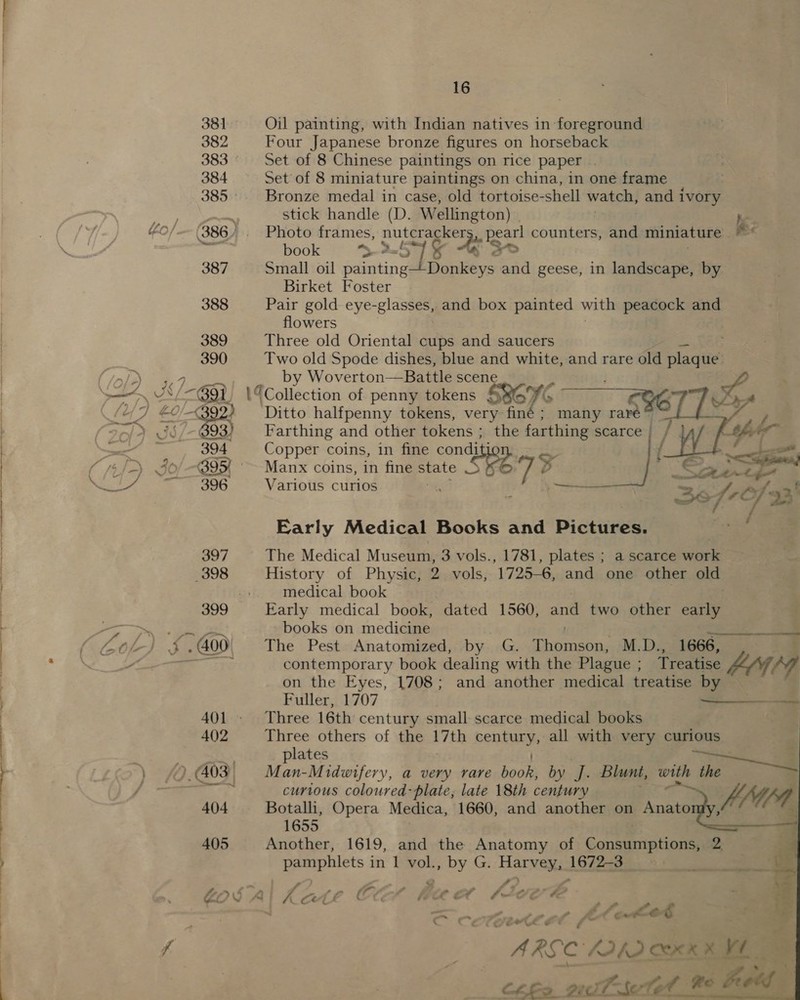 Oil painting, with Indian natives in foreground Four Japanese bronze figures on horseback Set of 8 Chinese paintings on rice paper . Set of 8 miniature paintings on china, in one frame Bronze medal in case, old tortoise-shell watch, and ivory stick handle (D. Wellington) | . Photo frames, ae ae as a counters, did miniature book 5-4 Small oil Beate AG geese, in landscape, by Birket Foster Pair gold eye-glasses, and box painted with peacock and flowers Three old Oriental cups and saucers Two old Spode dishes, blue and white, and rare old Sane by Woverton—Battle scene 4   Ditto halfpenny tokens, very finé; many raré Farthing and other tokens ; the farthing scarce | / f Copper coins, in fine condi coe 7% ae : { Lr eit Manx coins, in fine state : v a ae arlous curios 7 SS TB Early Medical Books and Pictieee! i: The Medical Museum, 3 vols., 1781, plates ; a scarce work © History of Physic, 2 vols, 1725-6, and one other old medical book Early medical book, dated 1560, and two other cane 4 books on medicine ee The Pest Anatomized, by. GaGk anim M.D., 1666, H contemporary book dealing with the Plague ; Treatise FMT on the Eyes, 1708; and another medical treatise by Fuller, 1707 Three 16th century small scarce medical books Three others of the B7th sein all with very curious  i | ' plates Pe Man-Midwifery, a very rare books by J Blunt, with the curious coloured- plate, late 18th century PMD Botalli, Opera Medica, 1660, and another on “Amato 1655 Another, 1619, and the Anatomy of Consumptions, 2 pamphlets 3 in 1 vol., by G. ae 1672-3 _ ¥ ¢ Me a Fa 4 s fe | Ket 7 a ‘ set Ot fu , &lt; io Cs ‘s oe f. é off fx ¢ (oA? é ARSC LIKI Coen x VE eS cea ont feet” ahaa ee re ed 