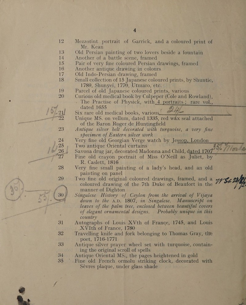 Feat  4 Mezzotint.. portrait of Garrick, and a coloured print of Mr. Kean Old Persian painting of two lovers beside a fountain Another of a battle scene, framed Pair of very fine coloured Persian drawings, framed Another antique drawing in colours | Old Indo-Persian drawing, framed small collection of 15 Japanese coloured prints, by Shuntie, 1789, Shunyei, 1770, Utmaro, ete. Parcel of old Japanese coloured prints, various Curious old medical book by C te (Cole and Rowland), . The Practise of Physick, with_4 portraits ; rare vol., dated 1655 . hf Six rare old medical books, various Hib Unique MS. on vellum, dated 1335, red wax seal attached of the Baron Roger de Huntingfield Antique silver belt decorated with turquoise, a very fine specimen of Eastern silver work Very fine old Georgian Verge watch by Jesso Two antique Oriental curtains 4 Savona drug jar, decorated Madonna and Child, dated 1707 © (11nd Fine old crayon portrait of Miss O’Neill as Juliet, by © R. Caslett, 1816 Very fine small painting of a lady’s head, and an old painting on panel Two fine old original coloured drawings, framed, and a WEL hy London  coloured drawing of the 7th Duke of Beaufort in the manner of Dighton Singalese History of Ceylon from the arrival of Vyaya down to the A.D. 1807, in Singalese. Manuscript on leaves of the palm tree, enclosed between beautiful covers of elegant ornamental designs. — Probably unique in this country Autographs of Louis XVth of France, 1745, and Louis _XVIth of France, 1780 Travelling knife and fork belonging to Thomas Gray, tle poet, 1716-1771 Antique silver prayer wheel set with turquoise, contain- ing the original scroll of spells Antique Oriental MS., the pages heightened in gold Fine old French ormolu striking clock, decorated with Sévres plaque, under glass shade 