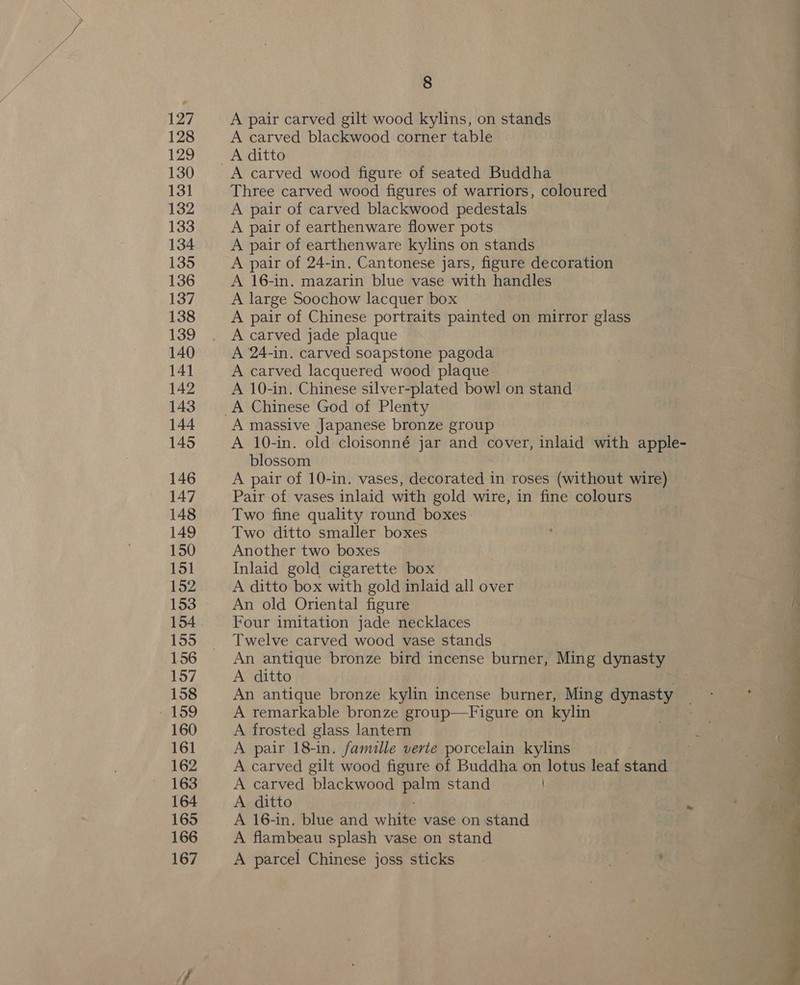 127 128 129 130 131 132 133 134 135 136 137 138 139 140 141 142 143 144 145 146 147 148 149 150 15] 152 153 154 155 156 157 158 wiS9 160 161 162 163 164 165 166 167 8 A pair carved gilt wood kylins, on stands A carved blackwood corner table A ditto A carved wood figure of seated Buddha Three carved wood figures of warriors, coloured A pair of carved blackwood pedestals A pair of earthenware flower pots A pair of earthenware kylins on stands A pair of 24-in. Cantonese jars, figure decoration A 16-in. mazarin blue vase with handles A large Soochow lacquer box A pair of Chinese portraits painted on mirror glass A carved jade plaque A 24-in. carved soapstone pagoda A carved lacquered wood plaque A 10-in. Chinese silver-plated bowl on stand A massive Japanese bronze group A 10-in. old cloisonné jar and cover, rtiae with apple- blossom A pair of 10-in. vases, deddratady in roses (without wire) Pair of vases inlaid with gold wire, in fine colours Two fine quality round boxes Two ditto smaller boxes Another two boxes Inlaid gold cigarette box A ditto box with gold inlaid all over An old Oriental figure Four imitation jade necklaces Twelve carved wood vase stands An antique bronze bird incense burner, Ming dynasty A ditto An antique bronze kylin incense burner, Ming dynasty A remarkable bronze group—Figure on kylin A frosted glass lantern A pair 18-in. famille verte porcelain kylins A carved gilt wood figure of Buddha on lotus leaf stant A carved blackwood ae stand . A ditto A 16-in. blue and white vase on stand A flambeau splash vase on stand A parcel Chinese joss sticks : 