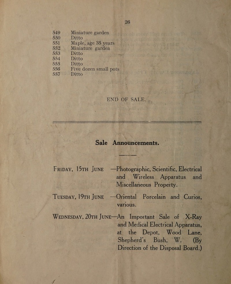 550 951 592; 553 554 5595 — 556 557 26 Miniature garden Ditto Maple, age 35 years Miniature garden Ditto Ditto Ditto Five dozen small pots Ditto . END OF SALE. Sale Announcements. and Wireless Apparatus and Miscellaneous Property. various. and Medical Electrical Apparatus, at the Depot, Wood Lane, Direction of the Disposal Board.) Caner |