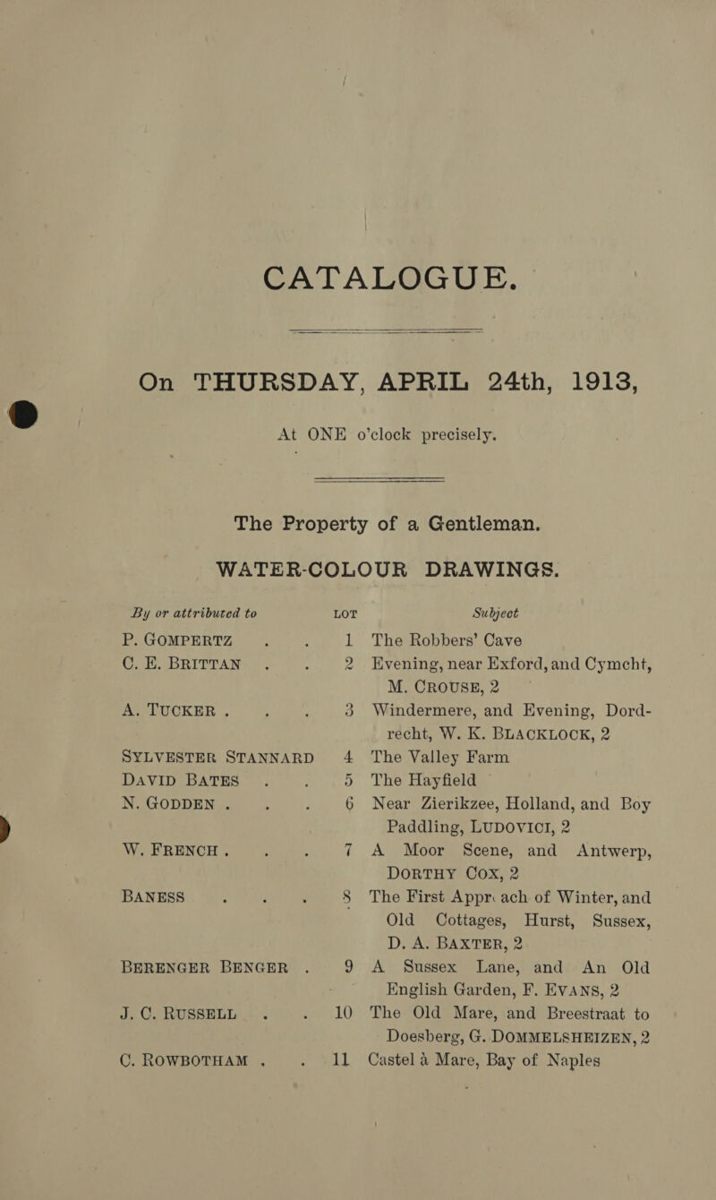  By or attributed to P. GOMPERTZ C. E. BRITTAN A. TUCKER . SYLVESTER STANNARD DAVID BATES N. GODDEN . W. FRENCH . BANESS BERENGER BENGER J. C. RUSSELL C. ROWBOTHAM ., wo ao On 11 Subject The Robbers’ Cave Evening, near Exford,and Cymcht, M. CROUSE, 2 Windermere, and Evening, Dord- recht, W. K. BLACKLOCK, 2 The Valley Farm The Hayfield Near Zierikzee, Holland, and Boy Paddling, LUDOVICTI, 2 A Moor Scene, and Antwerp, DORTHY Cox, 2 The First Appr. ach of Winter, and Old Cottages, Hurst, Sussex, D, A. BAXTER, 2 A Sussex Lane, and An Old English Garden, F. EVANS, 2 The Old Mare, and Breestraat to Doesberg, G. DOMMELSHEIZEN, 2 Castel a Mare, Bay of Naples