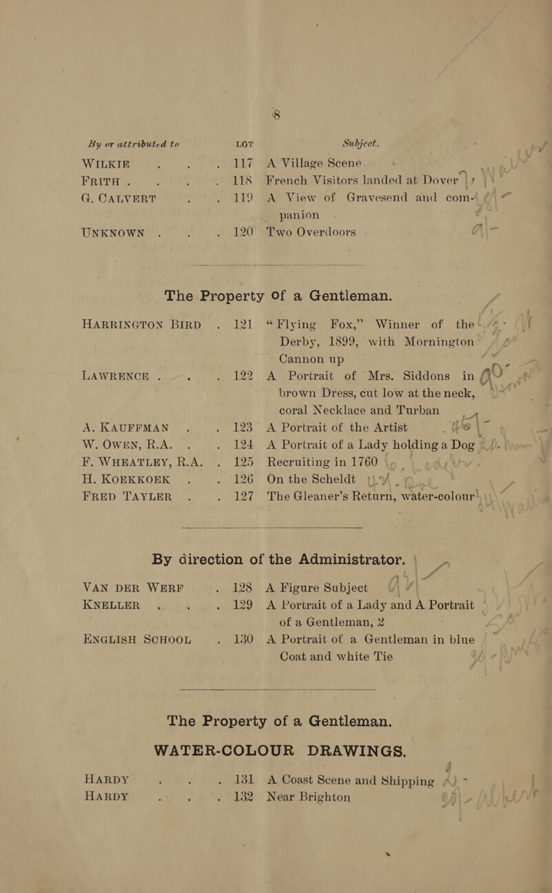 By or attributed to LOT Subject. WILKIE 5 : . 117 A Village Scene ae FRITH . ; ; . 118 French Visitors landed at Dover | Bee G. CALVERT ; . 119 A View of Gravesend and com-' panion ' UNKNOWN . ‘ . 120 Two Overdoors  The Property Of a Gentleman. HARRINGTON BIRD... 121. “Flying Fox,” Winner of theh/4° Derby, 1899, with Mornington Cannon up s brown Dress, cut low at the neck, coral Necklace and Turban co  A. KAUFFMAN . ~ 123° A Portrait of the Axtt ¢ ‘@ | W.OwEN, R.A. . . 124 A Portrait of a Lady holding a Dog F. WHEATLEY, R.A. . 125 Recruiting in 1760 H. KOEKKOEK . . 126 Onthe Scheldt } vf - | FRED TAYLER . . 127 The Gleaner’s Return, water-colour’ | By direction of the Administrator. ' , VAN DER WERF . 128 A Figure Subject KNELLER . , . 129 A Portrait of a Lady and A Portrait of a Gentleman, 2 ENGLISH SCHOOL . 130 A Portrait of a Gentleman in blue ~ Coat and white Tie  The Property of a Gentleman. WATER-COLOUR DRAWINGS. HARDY : . 131 A Coast Scene and Shipping / AK HARDY : : . 132 Near Brighton .