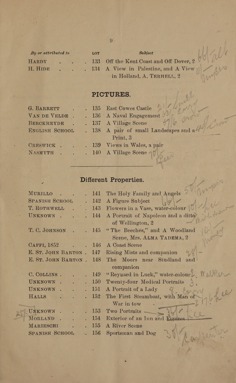 Harpy . .. . 133 Off the Kent Coast and Off Dover, 2. \ Pea : . 134 A View in Palestine, and A View }| in Holland, A. TERHELL, 2 ; PICTURES. G. BARRETT . « 135 East Cowes Castle VAN DE VELDE . . 136° A Naval Engagement / « BERCKHEYDE . . 137 A Village Scene Ly | y ENGLISH SCHOOL . 138 A pair of small Landscapes and a“ a Prmt..3 CRESWICK .. . . 139 Views in Wales, a pair NASMYTH: . : . 140 A Village Scene 47 Different Properties. Avs MURILLO... : . 141 The Holy Family and ae SPANISH SCHOOL . 142 A Figure Subject \, AY \ 2 T. ROTHWELL . . 143 Flowers ina Vase, water-colour \~ UNKNOWN . : . 144 A Portrait of Napoleon and a hae | - of Wellington, 2 = T.C. JOHNSON . . 145 “The Beeches,” and A Woodland | Scene, Mrs. ALMA TADEMA, 2 CAFFI, 1852 3 . 146 A Coast Scene EK. St. JOHN BARTON . 147 Rising Mists and companion 4,4 — E. St. JoHN BARTON. 148 ‘The Moors near Studland and companion z C. COLLINS . : . 149 “Reynard in Luck,” water-colour/, sf UNKNOWN . . . 150 Twenty-four Medical Portraits UNKNOWN . : . 151 A Portrait of a Lady gf eae HALLS : , . 152 The First Steamboat, with ‘Man of J, rae War in tow ‘ ot -UNKNOWN . , . . 153 ‘Two Portraits — 2 WAS MORLAND . ; . 154 Exterior of an Re a Bibnos aa MARIESCHI ‘ . 155 A River Scene SPANISH SCHOOL . 156 Sportsman and Dog \ ‘ j