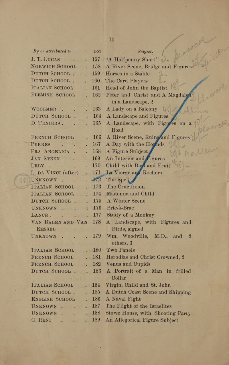 J: T.. LUCAS NORWICH SCHOOL DUTCH SCHOOL . DUTCH SCHOOL . ITALIAN SCHOOL FKLEMISH SCHOOL WOOLMER DUTCH SCHOOL . D, TENIERS . FRENCH SCHOOL PERRES FRA ANGELICA JAN STEEN LELY UNKNOWN ITALIAN SCHOOL DUTCH SCHOOL . UNKNOWN LANCE . KESSEL UNKNOWN ITALIAN SCHOOL FRENCH SCHOOL FRENCH SCHOOL DUTCH SCHOOL . ITALIAN SCHOOL DUTCH SCHOOL . ENGLISH SCHOOL UNKNOWN UNKNOWN G. RENI 10 157 - “A Halfpenny Short” eg). |F v1 AL, 158 A River Scene, Bridge and Figures’ © 159 Horses in a Stable 160 The Card Players .       161 Head of John the Baptist — 162 Peter and Christ and A Magdal in a Landscape, 2 163 A Lady ona Balcony \) 164 A Landscape and Figures. y 165 A Landscape, with Figyfes on a 4’ Road 168 <A Figure Subject 169 An Interior and 170 Child with Bi igures and Fruit 173 The Crucifixion 174. Madonna and Child 175 A Winter Scene 176 Bric-a-Brac 177 Study of a Monkey 178 A Landscape, with Figures and Birds, signed 179 Wm. Woodville, M.D., and 2 others, 3 180 ‘T'wo Panels 181 Herodias and Christ Crowned, 2 182 Venus and Cupids ~ 183 A Portrait of a Man in frilled Collar 184 Virgin, Child and St. John 185 A Dutch Coast Scene and Shipping © 186 A Naval Fight 187 The Flight of the Israelites 188 Stowe House, with Shooting Party 189 An Allegorical Figure Subject