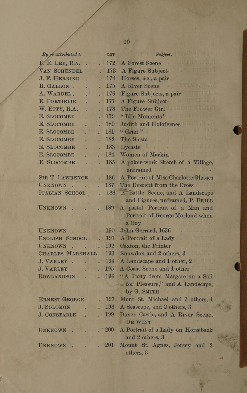 CR. LER, R.A. VAN SCHENDEL J. F. HERRING R. GALLON , A. WARDEL. EK. PORTIELIE W. Erty, R.A. . SLOCOMBE . SLOCOMBE . SLOCOMBE . SLOCOMBE . SLOCOMBE . SLOCOMBE . SLOCOMBE HERE SEE ee Sir T. LAWRENCE UNKNOWN ITALIAN SCHOOL UNKNOWN UNKNOWN ENGLISH SCHOOL UNKNOWN J. VARLEY . J. VARLEY ROWLANDSON ERNEST GEORGE J. SOLOMON J. CONSTABLE UNKNOWN UNKNOWN 172 173 174 175 176 177 178 149 180 181 182 183 184 185 186 187 188 189 190 191 192 193 194 195 196 197 198 199 201 10 A Forest Scene A Figure Subject: Horses, &amp;c., a pair A River Scene Figure Subjects, a pair A Figure Subject: The Flower Girl * Tdle Moments” Judith and Holofernes “ Grief ” The Siesta Lycaste Women of Markin A poker-work Sketch of a igs dk unframed A. Portrait of Miss Charlotte Glasses The Descent from the Cross and Figures, unframed, P.. BRILL A pastel Portrait of a Man and Portrait of George Morland when a Boy John Gerrard, 1636 A Portrait of a Lady Caxton, the Printer Snowdon and 2 others, 3 A Landscape and 1 other, 2 A Coast Scene and 1 other “A Party from Margate on a Sail » for Pleasure,” and A Landscape, by G. SMITH A Seascape, and 2 others, 3 Dover Castle, and A River Scene, | DE WINT A Portrait of a Lady on Horseback and 2 others, 3 Mount St. Agnes, Jersey and 2 others, 3 et a 