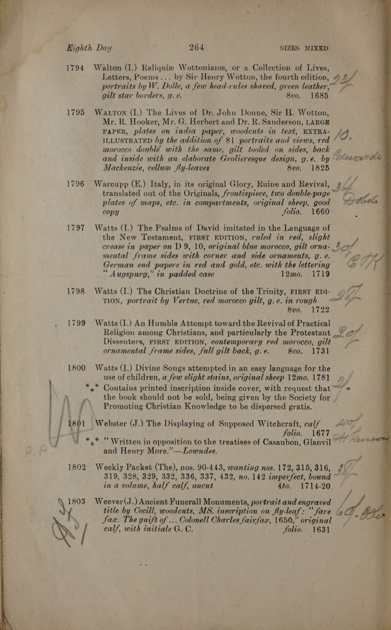  Kighth Day 264 SIZES MIXED 1794 Walton (I.) Reliquis Wottonianz, or a Collection of Lives, Letters, Poems... by Sir Henry Wotton, the fourth edition, 4 */ portraits by W. Dolle, a few head-rules shaved, green leather,~ “&gt; gilt star borders, g. e. 8v0. 1685 1795 Watton (I.) The Lives of Dr. John Donne, Sir H. Wotton, Mr. R. Hooker, Mr. G. Herbert and Dr. R. Sanderson, LARGE PAPER, plates on india paper, woodcuts in text, EXTRA- 4} ILLUSTRATED by the addition of 81 portraits and views, red “ morocco doublé with the same, gilt tooled on sides, back _» | 4 and inside with an elaborate Grolieresque design, g.e. by — ®e 272”  Mackenzie, vellum jfly-leaves 8v0. 1825 1796 Warcupp (E.) Italy, in its original Glory, Ruine and Revival, ¢ oe translated out of the Originals, frontispiece, two double-page™ ¢~ 4 plates of maps, etc. in compartments, original sheep, good oe copy folio. 1660 1797 Watts (1.) The Psalms of David imitated in the Language of the New Testament, FIRST EDITION, ruled in red, slight ae crease in paper on D 9, 10, original ikea morocco, gilt orna- 8, or: mental’ frame sides with corner and. side ornaments, g.é@. ¢ ap otha German end papers in red and gold, etc. with the lettering leVv/ “ Augspurg,’ in padded case 12mo. 1719 1798 Watts (I.) The Christian Doctrine of the Trinity, FIRST EDI- 4 / TION, portrait by Vertue, red morocco gilt, g.e. in rough = &lt;—* —* ™ 8vo. 1722 1799 Watts (I.) An Humble Attempt toward the Revivalof Practical , Religion among Christians, and particularly the Protestant &lt;&lt; Dissenters, FIRST EDITION, contemporary red morocco, gilt ya ornamental frame sides, full gilt back, g. e. 8vo. 1731 1800 Watts (I.) Divine Songs attempted in an easy language for the use of children, a few slight stains, original sheep 12mo. 1781 *,.* Contains printed inscription inside cover, with request that “~*: the book should not be sold, being given by the Society for Promoting Christian Kicrisace to be dispersed gratis. fe TR Ene many peace SE ; 3801 | Webster (J.) The Displaying of Supposed Witchcraft, calf &lt;7 ee folio. 1677 4,4 3 (J oM *,* © Written in opposition to the treatises of Casaubon, Glanvil ** ““** and Henry More.”—Lowndes. 1802 Weekly Packet (The), nos. 90-443, wanting nos. 172, 315, 316, 10; 319, 328, 329. 332.336, 037, 432, na 142 imperfect, bound Pi ma volume, half calf, uncut 4to. 1714-20. yy title by Cecill, woodcuts, MS. inscription on fly-leaf: “fare Loh , Fe, Sax. The guift of ... Colonell Charles fairfax, 1650,” original be calf, with initials G. C. folio. 16318 