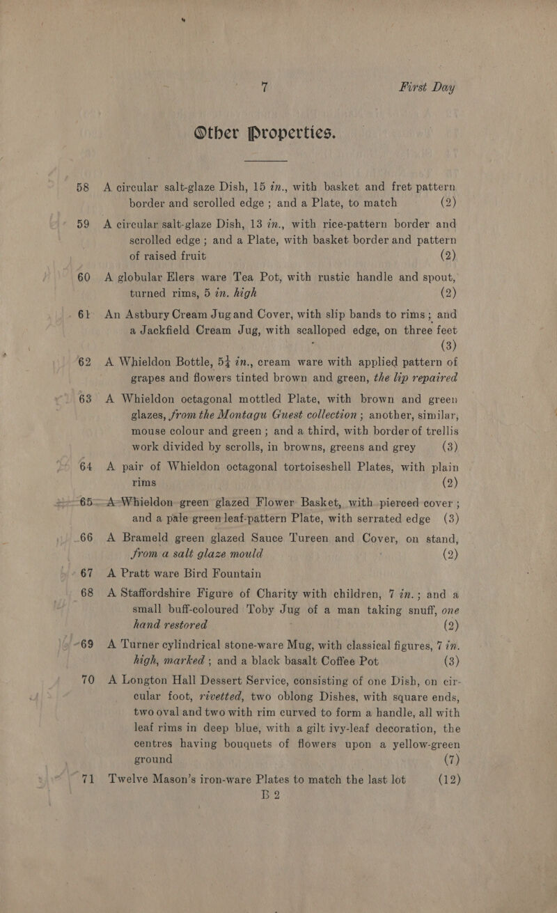 58 59 60 62 63 64 66 67 68 70 71 i; First Day Other Properties. A circular salt-glaze Dish, 15 tn., with basket and fret pattern border and scrolled edge ; and a Plate, to match (2) scrolled edge ; and a Plate, with basket border and pattern of raised fruit (2) A globular Elers ware Tea Pot, with rustic handle and spout, turned rims, 5 in. high (2) An Astbury Cream Jug and Cover, with slip bands to rims; and a Jackfield Cream Jug, with scalloped edge, on three feet (3) A Whieldon Bottle, 54 in., cream ware with applied pattern of grapes and flowers tinted brown and green, the lip repaired A Whieldon octagonal mottled Plate, with brown and green glazes, fromthe Montagu Guest collection ; another, similar, mouse colour and green; and a third, with border of trellis work divided by scrolls, in browns, greens and grey (3) A pair of Whieldon octagonal tortoiseshell Plates, with plain rims (2) A=Whieldon green glazed Flower Basket, with pierced cover ; and a pale green leaf-pattern Plate, with serrated edge (3) A Brameld green glazed Sauce Tureen and Cover, on stand, Srom a salt glaze mould | (2) A Pratt ware Bird Fountain A Staffordshire Figure of Charity with children, 7 in.; and a small buff-coloured Toby Jug of a man taking snuff, one hand restored . (2) A Turner cylindrical stone-ware Mug, with classical figures, 7 77. high, marked ; and a black basalt Coffee Pot (3) A Longton Hall Dessert Service, consisting of one Dish, on cir- cular foot, »¢vetted, two oblong Dishes, with square ends, two oval and two with rim curved to form a handle, all with leaf rims in deep blue, with a gilt ivy-leaf decoration, the centres having bouquets of flowers upon a yellow-green ground (7) Twelve Mason’s iron-ware Plates to match the last lot (Ge)) B2