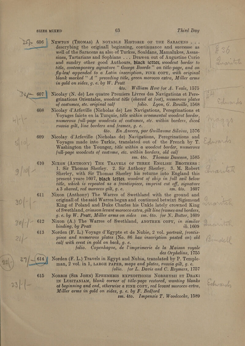  ms 606 i 609 610 Newton (THomas) A NOTABLE HisToRIE oF THE SARACENS .. descrybing the originall beginning, continuance and successe as well of the Saracens as also of Turkes, Souldans, Mamalukes, Assas- sines, Tartarians and Sophians ... Drawen out of Augustine Curio and sundry other good Authours, black letter, woodcut border to title, contemporary signature “‘ George Boorde’’ on title-page, and on Sty-leaf appended to a Latin inscription, FINE Copy, with original blank marked “ A” preceding title, green morocco extra, Miller arms un gold on sides, g. e. by W. Pratt 4to. Walliam How for A. Veale, 1575 Nicolay (N. de) Les quatre Premiers Livres des Navigations et Pere- grinations Orientales, woodcut title (shaved at foot), numerous plates of costumes, ete. original calf folio. Lyon, G. Rouille, 1568 Nicolay d’Arfeville (Nicholas de) Les Navigations, Peregrinations et Voyages faicte en la Turquie, title within ornamental woodcut border, numerous full-page woodcuts of costumes, etc. within borders, diced russia gilt, line borders and frames, q. e. 4to. En Anvers, par Guillaume Silvius, 1576 Nicolay d’Arfeville (Nicholas de) Navigations, Peregrinations and Voyages made into Turkie, translated out of the French by T. Washington the Younger, title within a woodcut border, numerous full-page woodcuts of costume, etc. within borders, old calf sm. 4to. Thomas Dawson, 1585 Nrxon (ANTHONY) THE TRAVELS OF THREE ENGLISH BROTHERS: 1. Sir Thomas Sherley. 2. Sir Anthony Sherley. 3. M. Robert Sherley, with Sir Thomas Sherley his returne into England this present yeare 1607, black letter, woodcut of ship in full sail below title, which is repeated as a@ frontispiece, imprint cut off, signature A3 shaved, red morocco gilt, g. e. sm. 4to. 1607 Nixon (Anthony) The Warres of Swethland with the ground and originall of the said Warres begun and continued betwixt Sigismond King of Poland and Duke Charles his Unkle lately crowned King of Swethland, crimson levant morocco extra, gilt line frames and borders, g. e. by W. Pratt, Miller arms on sides sm. 4to. for N. Butter, 1609 Nixon (A.) The Warres of Swethland, ANOTHER coPY, 2” similar bonding, by Pratt ab. 1609 Norden (F. L.) Voyage d’ Egypte et de Nubie, 2 vol. portrait, frontis- piece and numerous plates (No. 86 has inscription pasted on) old calf with crest in gold on back, g. e. folio. Copenhague, de Vimprimerie de la Maison royale des Orpheluns, 1755 Norden (F. L.) Travels in Egypt and Nubia, translated by P. Temple- man, 2 vol. in 1, LARGE PAPER, maps and plates, russia gilt, g. @. Jolio. for L. Davis and C. Reymers, 1757 Norris (Sir Jonn) EPHEMERIS EXPEDITIONIS NoRREYsII ET DRaAKI in Lusiraniam, blank corner of title-page restored, wanting blanks at beginning and end, otherwise a FINE COPY, red levant morocco extra, Miller arms in gold on sides, g. e. by F. Bedford sm. 4to. Impensis T. Woodcocke, 1589