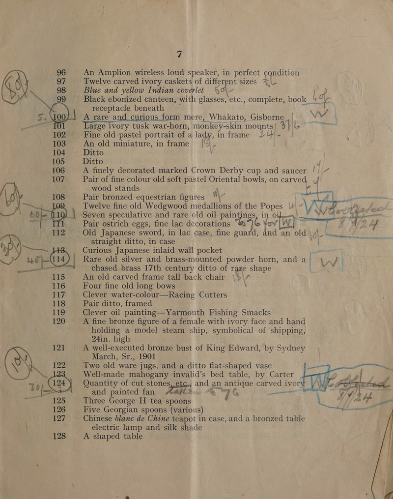An Amplion wireless loud speaker, in perfect cgndition Twelve carved ivory caskets of differ sizes. ALL Blue and yellow Indian coverlet Ol ; ;. receptacle beneath ise r. 3 A rare and curious form mere, Whakato, Gisborne | bd _ Large ivory tusk war-horn, monkey-skin mounts | 4 a. ee Fine old pastel portrait of a lady, in frame Lite |  103 - An old miniature, in frame’ |'!) .- 104 Ditto 105 Ditto A finely decorated marked bradeh Derby cup and saucer / Pair of fine colour old soft pastel Oriental bowls, on can eo. uf wood stands Pair bronzed equestrian figures | . , lwelve fine old Wedgwood medallions of the Popes \ / AG pe ., Seven speculative and rare old oil paingngs in Oana REO adit blo + Pair ostrich eggs, fine lac decorations © Vo ¥ bow ata i ie We af Old Japanese sword, in lac case, fine guard, and an old A Sees straight ditto, in case ae Curious Japanese inlaid wall pocket flea Rare old silver and brass-mounted powder horn, anda \./. chased brass 17th century ditto of rare shape 2 | An old carved frame tall back chair \&gt;\/ Four fine old long bows \ Clever water-colour—Racing Cutters Pair ditto, framed Clever oil painting—Yarmouth Fishing Smacks A fine bronze figure of a female with ivory face and hand holding a model steam ship, symbolical of shipping, 24in. high A well-executed bronze bust of King Edward, by Sydney pe March,:5r.,.1901 Two old ware jugs, and a ditto flat-shaped vase Well-made mahogany invalid’s bed table, by Carter Quantity of cut stones, etc.; and an antique carved 1 oe and painted fan OTe: *% “Pils menor Three George II tea spoons - é Five Georgian spoons (various) Chinese blanc de Chine teapot in case, and a bronzed table electric lamp and silk shade 128 ~~ A shaped table ‘aN EON We | ew i    