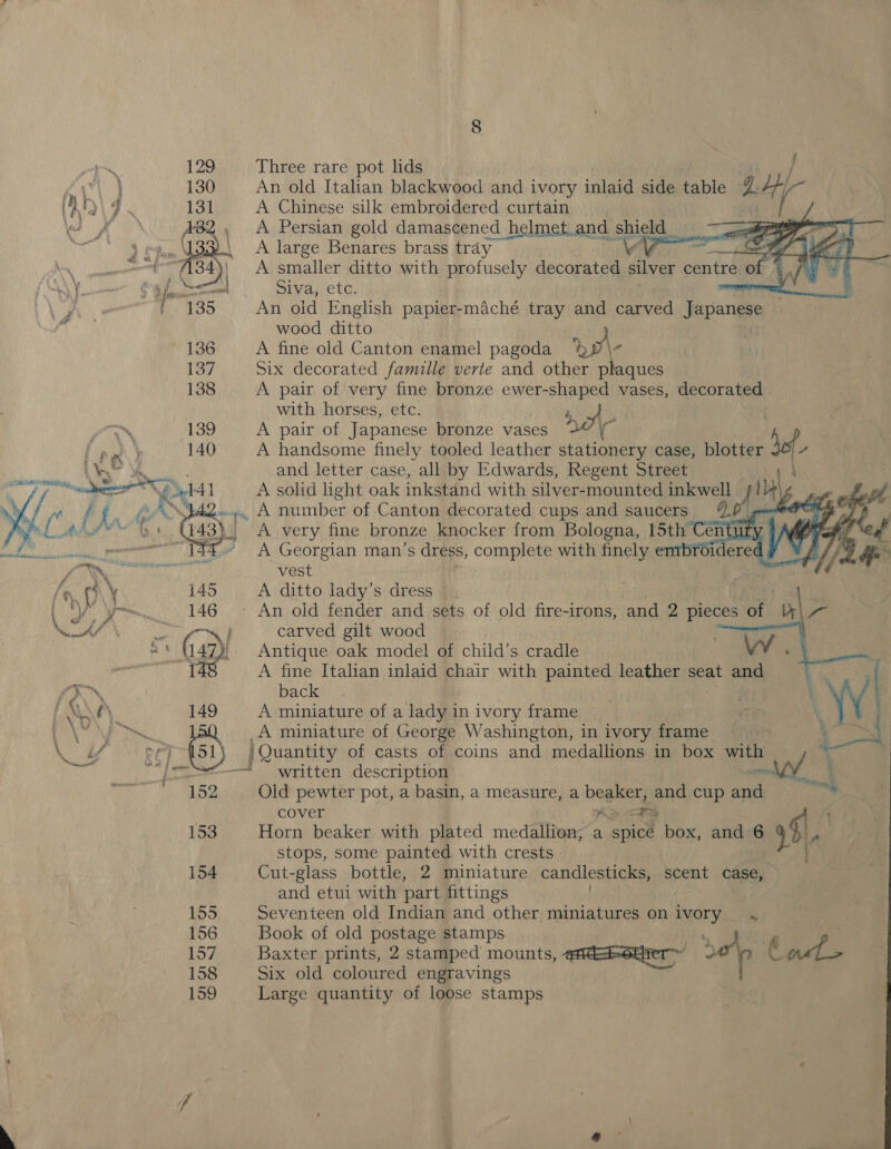           and letter case, all by Edwards, Regent Street . A solid light oak inkstand with silver-mounted inkwell ye ia rep «ys, A number of Canton decorated cups and saucers A i eh Li) «=A very fine bronze knocker from Bologna, Sth Cet y A Georgian man’s dress, complete with finely en ~ 129 Three rare pot lids / Aryt\ } 130 An old Italian blackwood and ivory inlaid side table g. 44; rc RO\ gd . 131 A Chinese silk embroidered curtain nO iA \s * A Persian gold damascened helmet.and_ sbi Se ei ae T : 3 htm) A large Benares brass tray V¥ : C4 nk \ sais 1 6 A smaller ditto with profusely decorated silver eee inf ik sf. a Y Mile Siva, etc. i An old English papier-maché tray and carved ‘eoarae wood ditto k 136 A fine old Canton enamel pagoda nyw\- 137 Six decorated famille verte and other plaques 138 A pair of very fine bronze ewer-shaped vases, decorated with horses, etc. so pears 139 A pair of Japanese bronze vases he \ 140 A handsome finely tooled leather stationery case, blotter dot    MONS Cia Usps vest /s (3 ¥ 145 A ditto lady’s dress yy vows. 146 - An old fender and sets of old fire-irons, and 2 pieces of y= LAS carved gilt wood SG Antique oak model of child’s cradle MY A fine Italian inlaid chair with painted leather seat and EN, back f ay, f 149 A miniature of a lady in ivory frame De Ag is A miniature of George Washington, in ivory frame eae 7 My (51) | Quantity of casts of coins and medallions in box igh °|r=——._ ~written description 152 Old pewter pot, a basin, a measure, a beaker, and cup nae  cover Ae aN 153 Horn beaker with plated medallion; a spice box, and 6 95 s stops, some painted with crests. 154 Cut-glass bottle, 2 miniature candlesticks, scent case, and etui with part fittings 155 Seventeen old Indian and other miniatures on RYOry, “ 156 Book of old postage stamps 157 Baxter prints, 2 stamped mounts, end=b-etrer~ op ‘C be ge 158 Six old coloured engravings 159 Large quantity of loose stamps