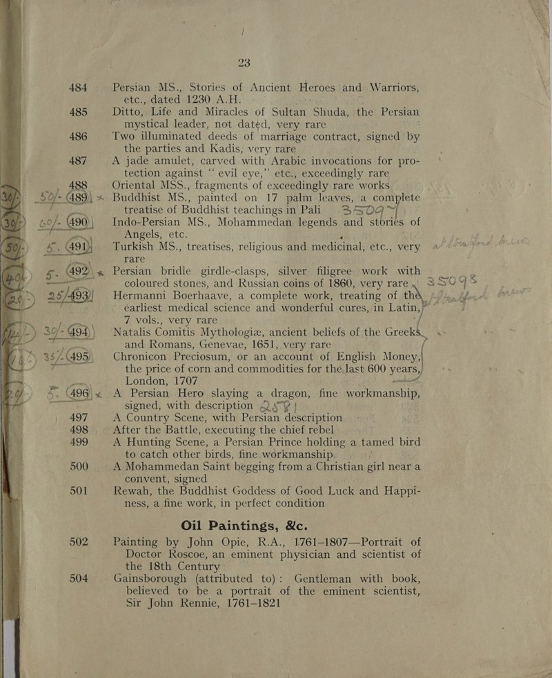 484 Persian MS., Stories of Ancient Heroes and Warriors, etc., dated 1230: A.H. 485 Ditto, Life and Miracles of Sitent Shuda, the Persian mystical leader, not dat¢d, very rare 486 Two illuminated deeds of marriage contract, signed by the parties and Kadis, very rare 487 A jade amulet, carved with Arabic invocations for pro- tection against “‘ evil eye,’’ etc., exceedingly rare _, 488 Oriental MSS., fragments of exceedingly rare works _S0/- 489) * Buddhist MS., painted on 17 palm leaves, a com lete bated treatise of Buddhist teachings in Pali S390 »0/- {490} _Indo-Persian MS., Mohammedan legends and stories of Fr yeaa Angels, etc. ay es, 491) Turkish MS., treatises, religious and medicinal, tC. , very af Ate pe rare §. (492) » Persian bridle girdle-clasps, silver filigree SOT K WIR So 5 —— coloured stones, and Russian coins of 1860, very rare, 3S¥ ¥| s 25/493)| Hermanni Boerhaave, a complete work, treating of ay) D bag hfor ait: earliest medical science and wonderful cures, in Latin ; 7 vols., very rare te / 94) } Natalis Comitis Mythologie, ancient bal fs of the GreekS_ &gt; yee pee and Romans, Genevae, 1651, very rare my 2) 38/495) ~— Chronicon Preciosum, or an account of English Money, eo. ore the price of corn and commodities for the. past 600 years, a ae London, 1707 move 4, (496) A Persian Hero slaying a dragon, fine Ryarienanshie pa TV signed, with description &lt;).“Y | 497 A Country Scene, with Persian description 498 After the Battle, executing the chief rebel 499 A Hunting Scene, a Persian Prince holding a tamed bird to catch other birds, fine. workmanship. . . 500 A Mohammedan Saint begging from a Christian girl near a convent, signed 501 Rewah, the Buddhist Goddess of Good Luck and Happi- ness, a fine work, in perfect condition Oil Paintings, &amp;c. 502 Painting by John Opie, R.A., 1761-1807—Portrait of . Doctor Roscoe, an eminent physician and scientist of the 18th Century 504 Gainsborough (attributed to): Gentleman with book, believed to be a portrait of the eminent scientist, Sir John Rennie, 1761-1821 