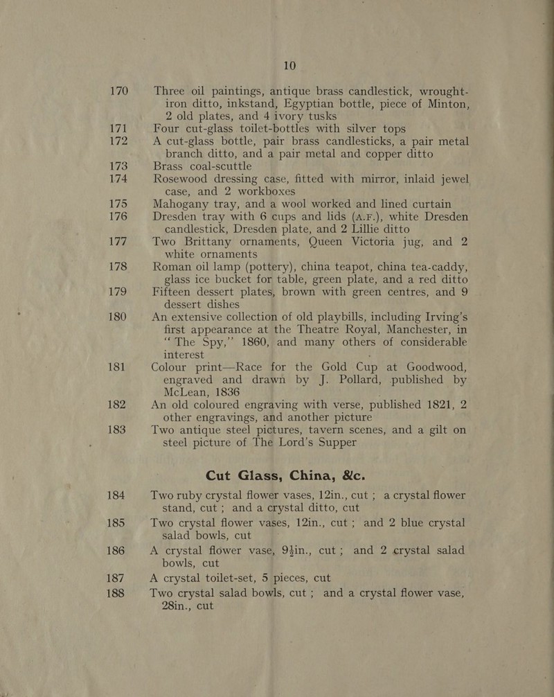 170 171 172 173 174 175 176 17x 178 179 180 181 182 183 184 185 186 187 188 10 Three oil paintings, antique brass candlestick, wrought- iron ditto, inkstand, Egyptian bottle, piece of Minton, 2 old plates, and 4 ivory tusks Four cut-glass toilet-bottles with silver tops A cut-glass bottle, pair brass candlesticks, a pair metal branch ditto, and a pair metal and copper ditto Brass coal-scuttle Rosewood dressing case, fitted with mirror, inlaid jewel case, and 2 workboxes Mahogany tray, and a wool worked and lined curtain Dresden tray with 6 cups and lids (a4.F.), white Dresden candlestick, Dresden plate, and 2 Lillie ditto Two Brittany ornaments, Queen Victoria jug, and 2 white ornaments Roman oil lamp (pottery), china teapot, china tea-caddy, glass ice bucket for table, green plate, and a red ditto Fifteen dessert plates, brown with green centres, and 9 dessert dishes An extensive collection of old playbills, including Irving’s first appearance at the Theatre Royal, Manchester, in “The Spy,’ 1860, and many others of considerable interest Colour print—Race for the Gold Cup at Goodwood, engraved and drawn by J. Pollard, published by McLean, 1836 An old coloured engraving with verse, published 1821, 2 other engravings, and another picture Two antique steel pictures, tavern scenes, and a gilt on steel picture of The Lord’s Supper Cut Glass, China, Wc. Two ruby crystal flower vases, 12in., cut ; a crystal flower stand, cut ; and a crystal ditto, cut Two crystal flower vases, 12in., cut; and 2 blue crystal salad bowls, cut A crystal flower vase, 9$in., cut; and 2 crystal salad bowls, cut A crystal toilet-set, 5 pieces, cut Two crystal salad bowls, cut ; and a crystal flower vase, 28in., cut