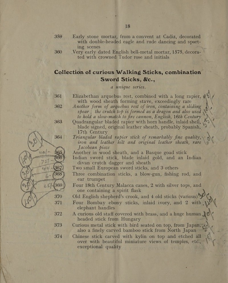 | 360 Early stone mortar, from a convent at Cadiz, decorated with double-headed eagle and rude dancing and spert- ing scenes é Very early dated English bell-metal mortar, 1575, decora- ted with crowned Tudor rose and initials 361 362 363  Sword Sticks, &amp;c., a unique series. Elizabethan arquebus rest, combined with a long rapier, a\/ with wood sheath forming stave, exceedingly rare Another form of arquebus rest of tron, containing a sliding spear ; the crutch top 1s formed as a dragon and also used ‘a to hold a slow-match to fire cannon, English, 16th Century iN OQuadrangular bladed rapier with horn handle, inlaid shell, blade signed, original leather sheath, probably Spanish, \ 17th Century Triangular bladed rapier stick of remarkably fine quality,» \ ivon and leather hilt and original leather sheath, rare \9 Jacobean piece Another in wood sheath, and a Basque goad stick Indian sword stick, blade inlaid gold, and an Indian divan crutch dagger and sheath Two small European sword sticks, and 3 others: Three combination sticks, a blow-gun, fishing rod, and ear trumpet Four 18th Century Malacca canes, 2 with silver tops, and one containing a spirit flask Old English shepherd’s crook, and 4 old sticks various) BY Four Bombay ebony sticks, inlaid ivory, and 2 with, S\ elephant handles A curious old staff covered with brass, and a huge hie ack headed stick from Hungary \ Curious metal stick with bird seated on top, from Japan;&lt;rA\ , also a finely carved bamboo stick from North Japan 5 \ x * Chinese stick carved with kylin on top and etched all (, over with beautiful miniature views of temples, etc., ( exceptional quality yi y