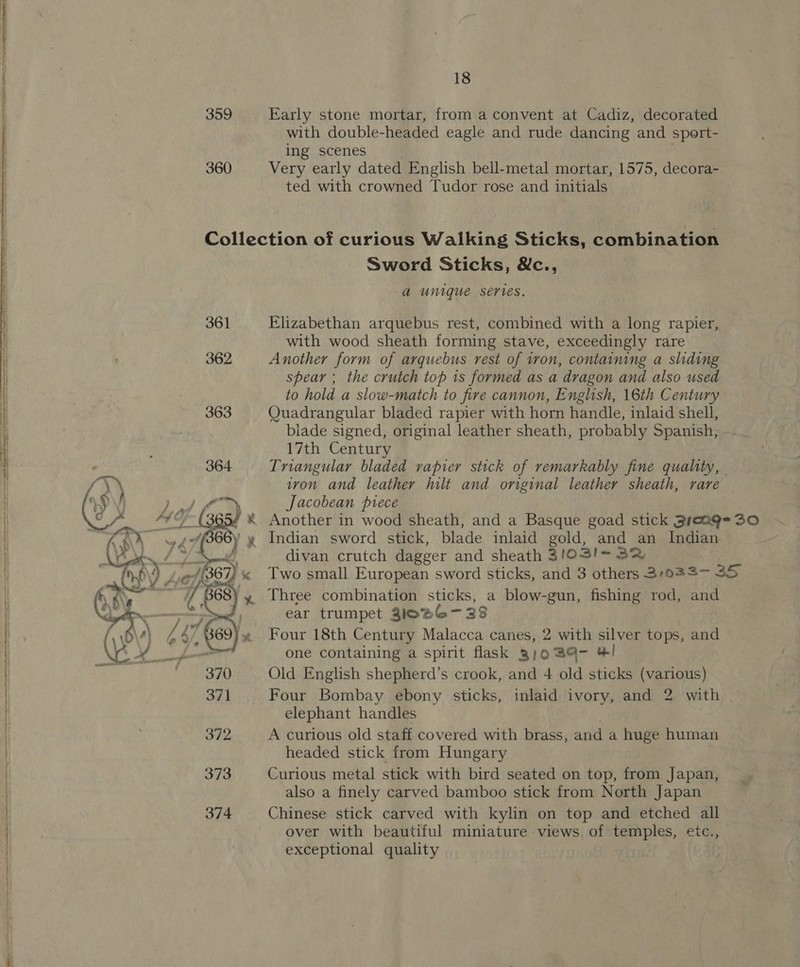  359 Early stone mortar, from a convent at Cadiz, decorated with double-headed eagle and rude dancing and spert- ing scenes 360 Very early dated English bell-metal mortar, 1575, decora- ted with crowned Tudor rose and initials Collection of curious Walking Sticks, combination Sword Sticks, &amp;c., a unique series. 361 Elizabethan arquebus rest, combined with a long rapier, with wood sheath forming stave, exceedingly rare 362 Another form of arquebus rest of tron, containing a sliding spear ; the crutch top is formed as a dragon and also used to hold a slow-match to fire cannon, English, 16th Century 363 Quadrangular bladed rapier with horn handle, inlaid shell, blade signed, original leather sheath, probably Spanish, 17th Century Triangular bladed vapier stick of remarkably fine quality, iron and leather hilt and original leather sheath, rare Jacobean piece * Another in wood sheath, and a Basque goad stick Sreag=30 x Indian sword stick, blade inlaid gold, and an Indian divan crutch dagger and sheath 3!03!= 32 Two small European sword sticks, and 3 others 3+033~ 35 Three combination sticks, a blow-gun, fishing rod, and ear trumpet 31086-3238 Four 18th Century Malacca canes, 2 with silver tops, and one containing a spirit flask a3)9 a@- +! Old English shepherd’s crook, and 4 old sticks (various) Four Bombay ebony sticks, inlaid ivory, and 2 with elephant handles 372 A curious old staff covered with brass, and a huge human headed stick from Hungary 373 Curious metal stick with bird seated on top, from Japan, also a finely carved bamboo stick from North Japan 374 Chinese stick carved with kylin on top and etched all over with beautiful miniature views. of temples, etc., exceptional quality