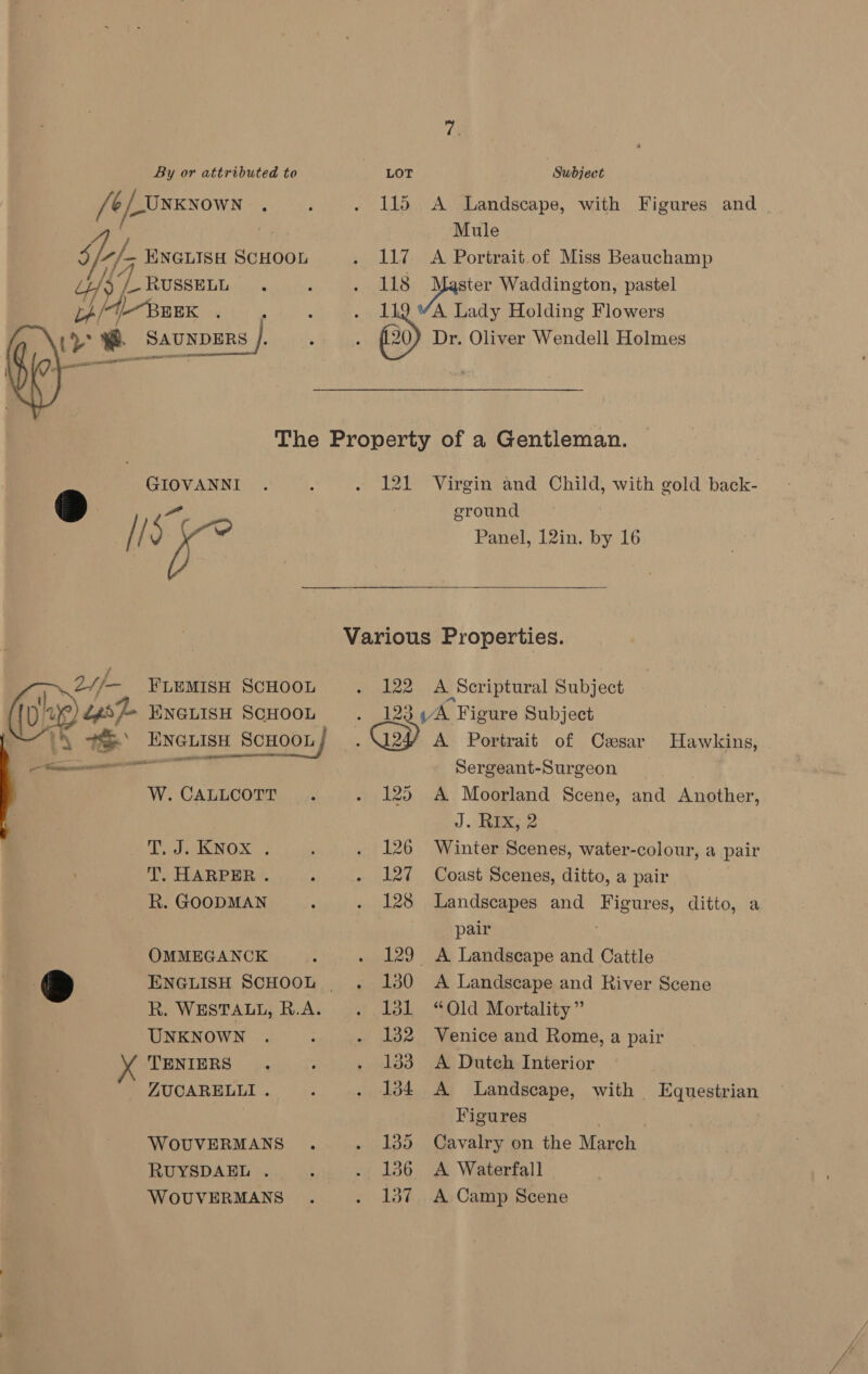 YS,     115 Liz 118 “Subject A Landscape, with Figures and Mule A Portrait of Miss Beauchamp A Lady Holding Flowers FLEMISH SCHOOL ENGLISH SCHOOL W. CALLCOTT Palicnwox |) T. HARPER . R. GOODMAN OMMEGANCK UNKNOWN TENIERS ZUCARELLI . WOUVERMANS RUYSDAEL . WOUVERMANS 121 Virgin and Child, with gold back- ground Panel, 12in. by 16  122 A Scriptural Subject 2 A Portrait of Czasar Sergeant-Surgeon A Moorland Scene, and Another, J. RIX, 2 Winter Scenes, water-colour, a pair Coast Scenes, ditto, a pair Landscapes and Algur es, ditto, a pair A Landscape and Cattle A Landscape and River Scene “Old Mortality ” Venice and Rome, a pair A Dutch Interior A Landscape, Figures Cavalry on the March A Waterfall A Camp Scene Hawkins, with Equestrian