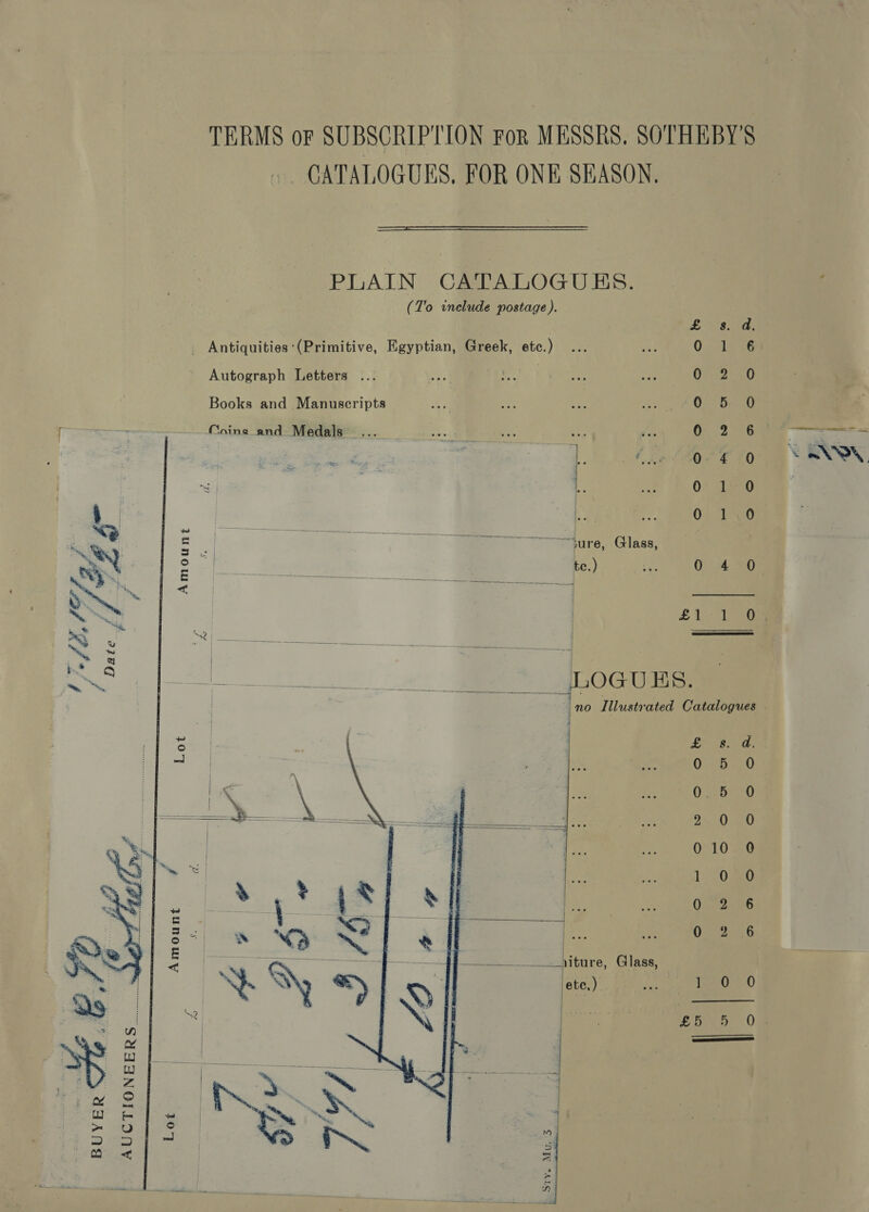   } TERMS or SUBSCRIPTION For MESSRS, SOTHEBY'S » CATALOGUES, FOR ONE SEASON,  PLAIN CATALOGUBS. (T'o include postage ).  ae. _ Antiquities (Primitive, Egyptian, Greek, etc.) ; ; 6 Autograph Letters ... | OFe2250 Books and Manuscripts 0 5- 0 Coins and Medals Os 2 Ore *: Q&lt; € 50 ~ 0 1 0 i, 03 So 4 ‘ — -. hae . - ~——~Sure, Glass, | . J Saree. te.) {0 Oe |     4  | £o 90, | - 0 5 ee \ a a ee =  AUCTIONEERS 4        ~%o &lt; 0 2 ee aos. hiture, Glaser £5 5 .0 ~    Borys Mus ee ANDO,