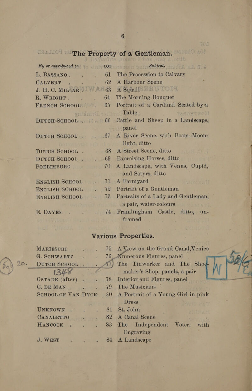 “The Property om a Gentleman. By or attributed to - LOT espe’ “Subject, nate L. BASSANO. : i 6L “The Pe cossion to Calvary CALVERT . il Spee’ Harbour Bren. J. H.C. Minturn OV AS 63 A Squall: Ors R. WRIGHT . . 64 The Morniie Rouge FRENCH ScHOOL.: . 65 Portrait of a Cardinal: Seated 2 a aciaoird Table MM DUTCH SCHOOL:-.. °{..° 66 Cattle and Sheep in a perenne ee : ‘panel DUTCH. SCHOOL . . .67 A River Scene, with Boats, Moon- | light, ditto DUTCH SCHOOL . . 68 <A Street Scene, ditto . DUTCH SCHOOL . . 69 Exercising Horses, ditto | POELIMBURG . 70 A Landscape, with Venus, Cupid, | and Satyrs, ditto | ENGLISH SCHOOL . @1 A Farmyard : ENGLISH SCHOOL . 2 Portrait of a Gentleman et ENGLISH SCHOOL . 73 Portraits of a Lady and Gentleman, — i a pair, water-colours | RK. DAYES . . %4 Framlingham Castle, ditto, un- framed Various Properties.  MARIESCHI ‘ . 75 A Vjew on the Grand Canal, Venice ; 4 G. SCHWARTZ. 76, Numerous Figures, panel : oe . ‘i< : DUTCH SCHOOL... Ai} The Tinworker and The Sho | ISI Le Pr sae maker’s Shop, panels, a pair OSTADE (after) : . 78 Interior and Figures, panel C. DE MAN ; . 79 The Musicians ~ SCHOOL OF VAN Dyck §0 A Portrait of a Young Girl in pink Dress UNKNOWN . : ~, Sl {Btotohn CANALETTO ; . 82 A Canal Scene HANCOCK . ; . 83 The Independent Voter, with Engraving J. WEST : : eee A Landscape