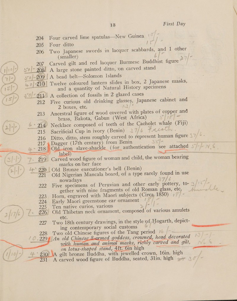 204 Four carved lime spatulas—New Guinea 206 Two Japanese swords in lacquer scabbards, and I other (smaller) He he _ 207. Carved gilt and red lacquer Burmese Buddhist figure , ~208: A large stone painted ditto, on carved stand 20¢ | A bead belt—Solomon Islands . }- 2101} Twelve coloured lantern slides in box, 2 Japanese masks, ia and a quantity of Natural History specimens 411’! A collection of fossils in 2 glazed cases 2 Five curious old drinking glasses, Japanese cabinet and 2 boxes, etc. wk Y Be 213 Ancestral figure of wood covered with plates of copper and : brass, Bakota, Gabun (West Africa) dT id in &gt; Necklace composed of teeth of the Cacholet whale (Fiji) Sacrificial Cup in ivory (Benin) 27/6 7““* C    ; marks on ther face : 4+. 220 . Old Bronze executioner’s bell (Benin) 271 Old Nigerian Mancala board, of a type rarely found in use nowadays 7 /é gether with nine fragments of old Roman glass, etc, 223 Horn, engraved with Maori subjects (Circa, 1850) 3 ¥f.- 224 Early Maori greenstone ear ornament © me Tp Ze. Ten native curios, various re ale bee 226 Old Thibetan neck ornament, composed of various amulets I Ce etc. tarcrae 227 'T'wo 18th century drawings, in the style of, Hogarth, depict- ing contemporary social customs Two old Chinese figures of the Tang pertod /- 7 ‘An old Chinese,.S=armed goddess, crowned head_ decorated with hunan,.and animal masks, richty arved and gilt, on lotus-shaped stand, 4ft. 6in high SS )4A gilt bronze Buddha, with jewelled crown, 16in. high A carved wood figure of Buddha, seated, 31lin. high a     tie, F eZ ~