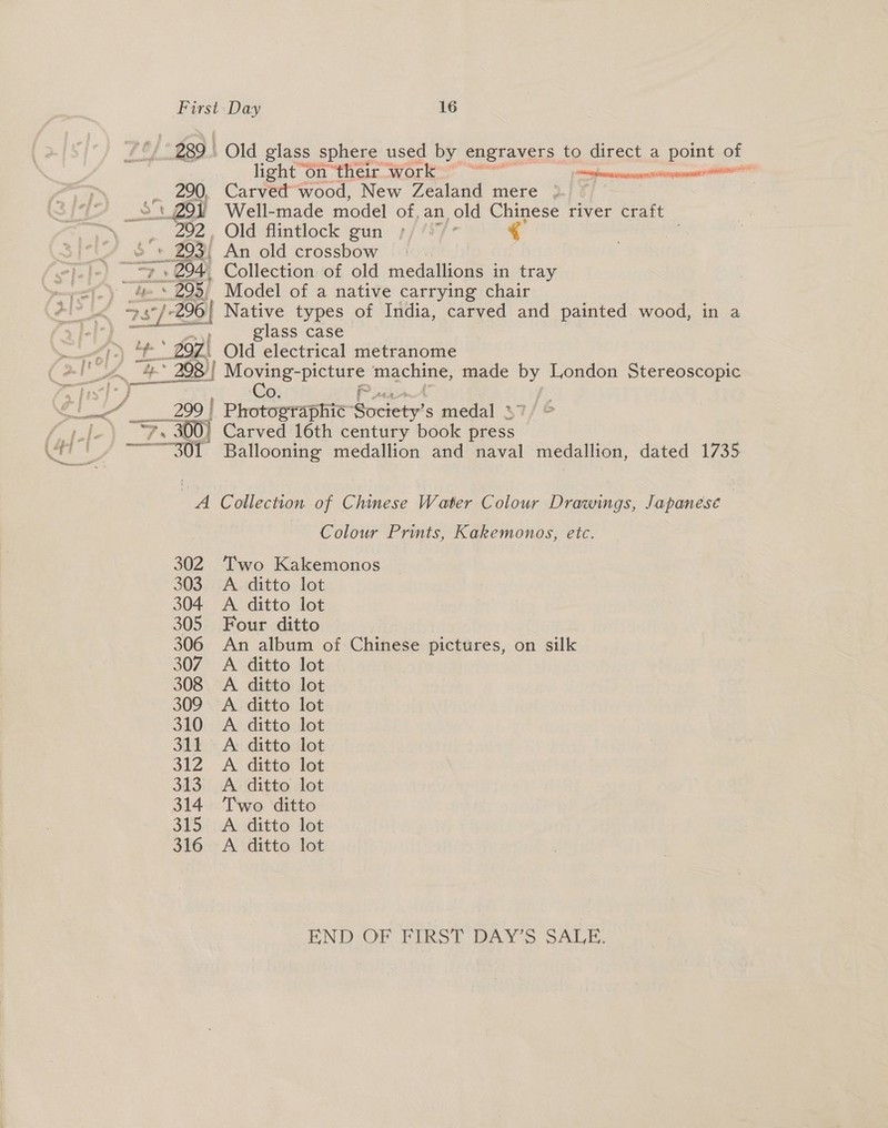 29% 299 | Ameer mem: “S01. gi! 302 303 304 305 306 307 308 309 310 311 31Z 313 314 315 316 Old glass sphere used by engravers to direct a point of light on their work — “caemaseactiyaee ies Carved wood, New Zealand mere ). © Well-made model of. an old Chinese river craft Model of a native carrying chair glass case Old electrical metranome Moving- Sas machine, made eh London Stereoscopic Co. Photographic” Society: s medal ° Ballooning medallion and naval medallion, dated 1735 Collection. of Chinese Water Colour Drawings, Japanesé 3 Colour Prints, Kakemonos, etc. Two Kakemonos A ditto lot A. ditto lot Four ditto | An album of Chinese pictures, on silk A ditto lot A ditto lot A ditto lot A ditto lot A. ditto lot A ditto lot A. ditto lot Two ditto A. ditto lot A ditto lot END OF FIRST DAY'S SALE.