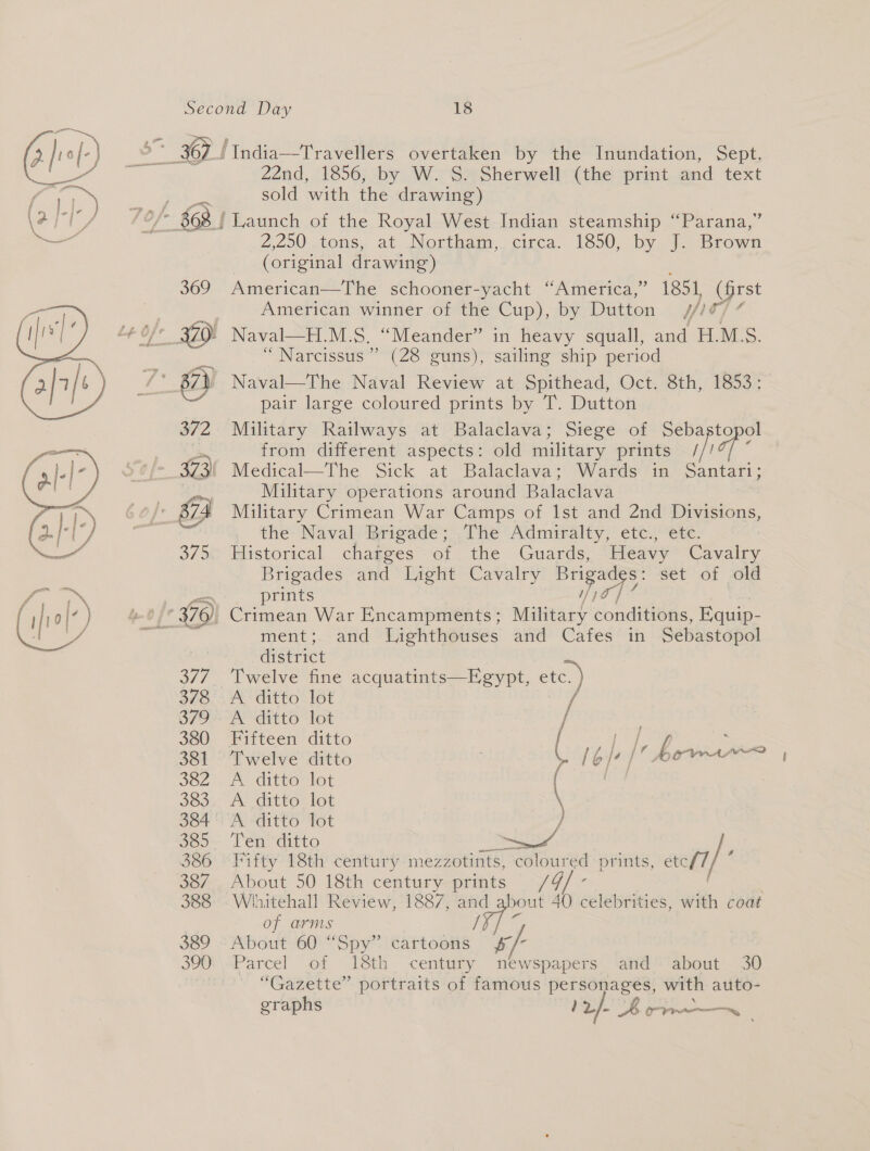 ao ? / ba , — f Sy SS y /  22nd, 1856, by W. S. Sherwell (the print and text sold with the drawing) 2,200 tows, at Northam: circa. 1850, by Je Brown (original drawing) American—The schooner-yacht ‘America,’ 1851, (first American winner of the Cup), by Dutton Wie] 7 Naval—H.M.S. “Meander” in heavy squall, ae H.M.S. “Narcissus ’”’ (28 guns), sailing ship period Naval—The Naval Review at Spithead, Oct. 8th, 1853: pair large coloured prints by T. Dutton from different aspects: old military prints Military operations around Balaclava Military Crimean War Camps of Ist and 2nd Divisions, the: Naval Brigade; ,The Admiralty, etc., ete. Historical charges of the Guards, aoe Cavalry Brigades and Light Cavalry Brigad Ss: set of old prints ment; and Lighthouses and Cafes in Sebastopol district Twelve fine acquatints—Egypt, etc. ) A ditto lot / Fifteen ditto ( + he f : Twelve ditto SS Bf e OA A ditto lot ( bee A ditto lot A ditto lot Ten ditto Fifty 18th century mezzotints, coloured prints, etef7/ About 50 18th century prints /9/- Whitehall Review, 1887, and about 40 celebrities, with coat of arms IFES About 60 “Spy” cartoons 6/- | Parcel of 18th century newspapers and’ about 30 “Gazette” portraits of famous personages, with auto- graphs } 2/- ws ire,
