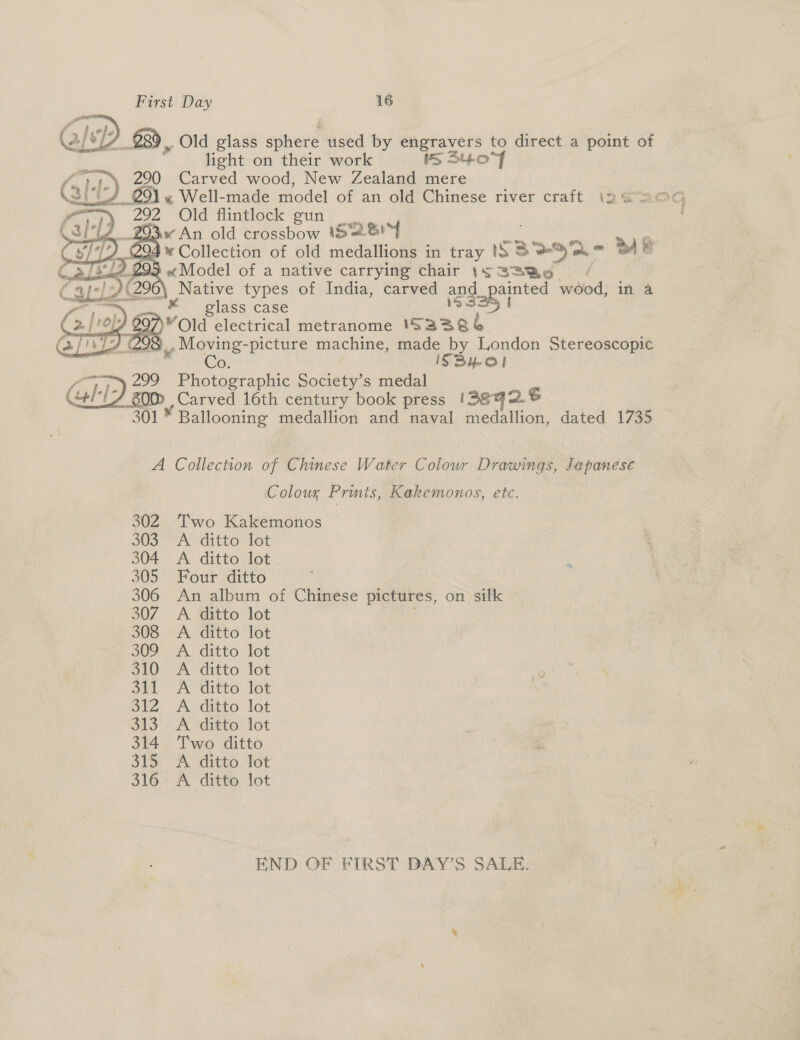  €}, 7 $39. Old glass sphere used by engravers to direct a point of ® e e fn oe Pry light on their work IS Sto“ 290 Carved wood, New Zealand mere      wy 2e2 “Old fintlock gun. 7 ‘LZ .293« An old crossbow 18.8!) ee ick eae CST) 2% * Collection of old medallions in tray 1S 3°e)'s. = 4 '3.L¢.299 «Model of a native carrying chair 1; 33%—%q / .296\ Native types of India, carved and_painted wood, in a _ ™ glass case 5335 | 97)Old electrical metranome 1S3386 ON): ,- Moving-picture machine, made by London Stereoscopic | ISSHO!} | 299 Photographic Society’s medal . ,Carved 16th century book press i3sq26 301 * Ballooning medallion and naval medallion, dated 1735 A Collection of Chinese Water Colour Drawings, Japanese Coloux Prints, Kakemonos, etc. 302. Two Kakemonos 303. A ditto lot 304 A ditto lot 305 Four ditto ; 306 An album of Chinese pictures, on silk ~ 307 A ditto lot g 308 &lt;A ditto lot 309 A ditto lot 310 A ditto lot 311 A ditto lot 312 A ditto lot 313. A ditto lot 314 Two ditto 315 A ditto lot 316 A ditto lot END OF FIRST DAY’S SALE.