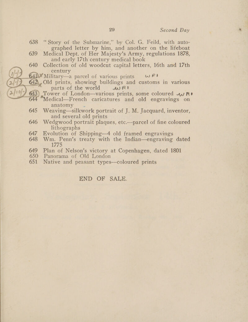 638 “Story of the Submarine,” by Col. G. Feild, with auto- graphed letter by him, and another on the lifeboat 639 Medical Dept. of Her Majesty’s Army, regulations 1878, and early 17th century medical book 640 Collection of old woodcut capital letters, 16th and 17th   century 6414 Military—a parcel of various prints wR 642) Old prints, showing buildings and customs in various + parts of the world AIR Coa &amp;), Tower of London—various prints, some coloured ww R? F edical—French caricatures and old engravings on anatomy : 645 Weaving—silkwork portrait of J. M. Jacquard, inventor, and several old prints 646 Wedgwood portrait plaques, etc.—parcel of fine coloured lithographs 647 Evolution of Shipping—4 old framed engravings 648 oe treaty with the Indian—engraving dated 1 649 Plan of Nelson’s victory at Copenhagen, dated 1801 650 Panorama of Old London 651 Native and peasant types—coloured prints END OF SALE.