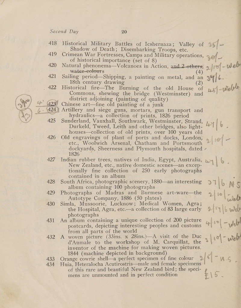 419 420 421 , 422 425 426 427 428 429 430 431 432 433 434 Shadow of Death; Disembarking Troops, etc. , Crimean War Fortresses, Camps and Military operations, « mt Nags of historical importance (set of 8) de ae Natural phenonema—Volcanoes in Action, and2-ethers; » |; - web water-eolours (4p) ry Sailing period—Shipping, a painting on metal, and an at] 6- 18th century drawing (2) | ; Historical fire—The Burning of the old House of A. ulglrke Commons, shewing the bridge (Westminster) and ~~ | district adjoining (painting of quality) Chinese art—fine old painting of a junk Artillery and siege guns, mortars, gun transport and hydraulics—a collection of prints, 1826 period Sunderland, Vauxhall, Southwark, Westminster, Strand, hs Durkeld, Tweed, Leith and other bridges, also light- | houses—collection of old prints, over 100 years old Old engravings of plant of ports and docks, London, , | ,« etc., Woolwich Arsenal, Chatham and Portsmouth ™| dockyards, Sheerness and Plymouth hospitals, dated - 1826 ; , Indian rubber trees, natives of India, Egypt, Australia, ,,~ | (. New Zealand, etc., native domestic scenes—an excep- tionally fine collection of 250 early photographs contained in an album , y South Africa, photographic scenery, 1880—an interesting 3°] q AD album containing 100 photographs a y Photographs of Madras and Burmese art-ware—the 4 | Be ES Autotype Company, 1886 (50 plates) oe Jeb Simla, Mussoorie, Lucknow; Medical Women, Agra; psig the Hospital, Agra, etc —a collection of 83 large early }|'Y\b y ely photographs An album containing a unique collection of 200 picture ,.4!) _ , iy postcards, depicting interesting peoples and customs ‘| | wu from all parts of the world A woven picture (33ins. x 28ins.)—A visit of the Duc d’Aumale to the workshop of M. Carquillat, the ®° | inventor of the machine for making woven pictures, 1844 (machine depicted in background) aS Orange cowrie shell—a perfect specimen of fine colour %, % L Us Huia, Heteralocha Acutirostris—male and female specimens ' — of this rare and beautiful New Zealand bird; the speci- mens are unmounted and in perfect condition pd vo, g