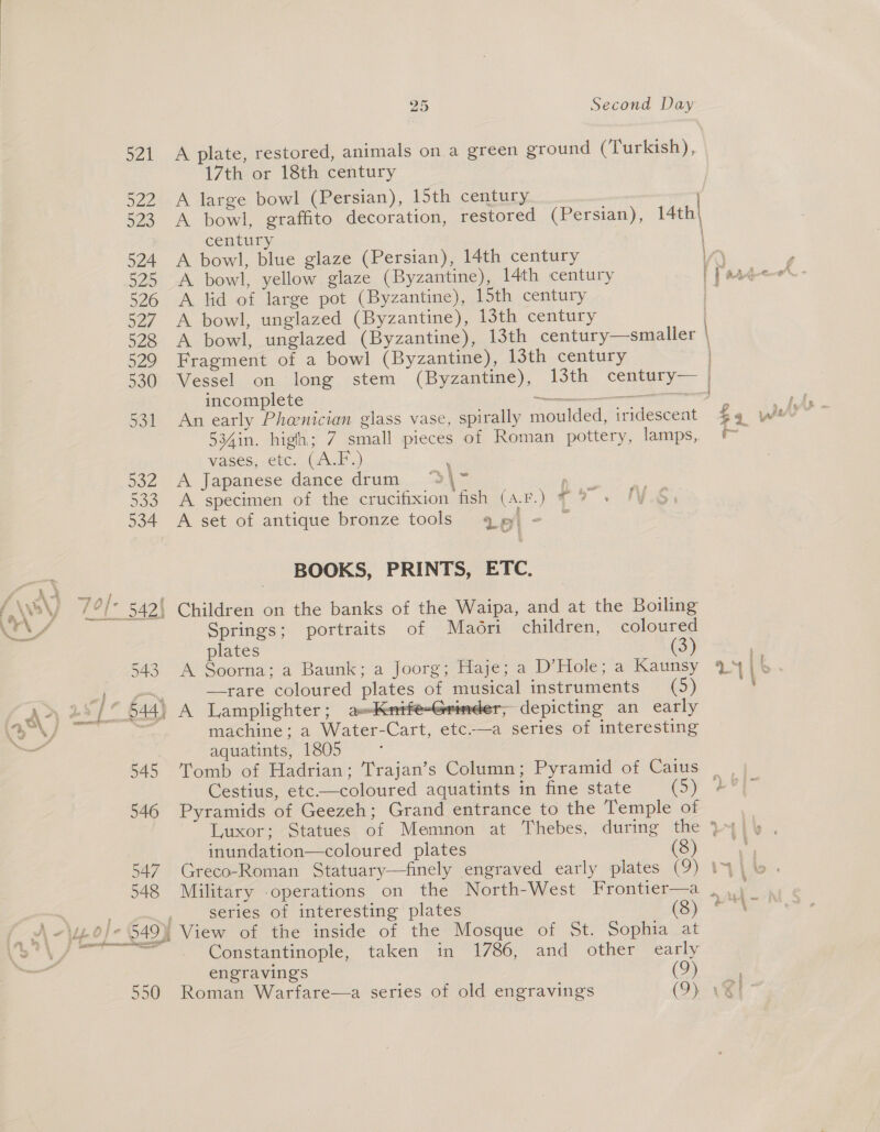521 A plate, restored, animals on a green ground (Turkish), 17th or 18th century 522 A large bowl (Persian), 15th century 523 A bowl, graffito decoration, restored (Persian), 14th| century | 524 A bowl, blue glaze (Persian), 14th century iA) 525 A bowl, yellow glaze (Byzantine), 14th century | Pardee. 526 A lid of large pot (Byzantine), 15th century | 527. A bowl, unglazed (Byzantine), 13th century / 528 A bowl, unglazed (Byzantine), 13th century—smaller \ 529 Fragment of a bowl (Byzantine), 13th century 530 Vessel on long stem (Byzantine), 13th century— | incomplete nnn, ye 531 An early Phanician glass vase, spirally moulded, iridescent £9 we™ ” 534in. high; 7 small pieces of Roman pottery, lamps, vases, etc. (A.F.) 532 A Japanese dance drum ; 533. A specimen of the crucifixion fish (a.F.) #7 » 534 A set of antique bronze tools api - ~ “iw BOOKS, PRINTS, ETC. ; °/* 542) Children on the banks of the Waipa, and at the Boiling NAT 4 Springs; portraits of Maéri_ children, coloured plates (3) 543 A Soorna; a Baunk; a Joorg; Haje; a D’Hole; a Kaunsy 14 21. ON —rare coloured plates of musical instruments (5) A>) +2 /° 844) A Lamplighter ; uwhknite-Geimder;> depicting an early a\} ; machine; a Water-Cart, etc.—a series of interesting — aquatints, 1805 545 ‘Tomb of Hadrian; Trajan’s Column; Pyramid of Caius | Cestius, etc—coloured aquatints in fine state Oy ee 546 Pyramids of Geezeh; Grand entrance to the Temple of | Luxor; Statues of Memnon at Thebes, during the }4\¥ . inundation—coloured plates Co aoe 547 Greco-Roman Statuary—finely engraved early plates (9) 14). 548 Military operations on the North-West Frontier—a , ‘ | , series of interesting plates (oso (A -\i-0)- 549) View of the inside of the Mosque of St. Sophia at ceoV so ee Constantinople, taken in 1786, and other early engravings (9) 550 Roman Warfare—a series of old engravings (9) .@i eemniane Gn