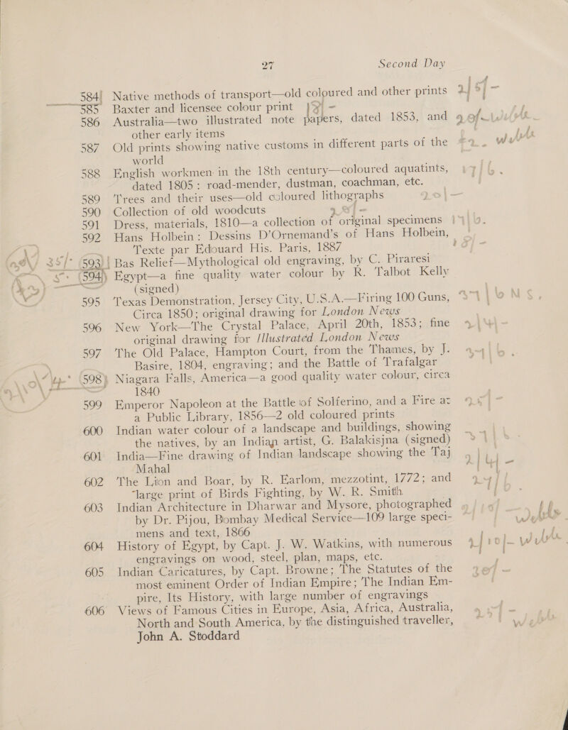 584! Native methods of transport—old coloured and other prints i 586 Australia—two illustrated note p other early items 587. Old prints showing native customs in different parts of the world 588 English workmen: in the 18th century—coloured aquatints, dated 1805: road-mender, dustman, coachman, etc. 589 ‘Trees and their uses—old coloured lithographs 590 Collection of old woodcuts 9 ef 591 Dress, materials, 1810—a collection of original specimens apers, dated 1853, and Fexte par Edouard His. Paris, 1887 593): Bas Relief —Mythological old engraving, by C. Piranesi 504 Egypt—a fine quality water colour by R. Talbot Kelly ae (signed) 595 ‘Texas Demonstration, Jersey City, U.S.A. Circa 1850; original drawing for London News 506. New York—The Crystal Palace, April 20th, 18535. tune original drawing for /Ilustrated London News 597 ‘The Old Palace, Hampton Court, from the Thames, by J. Basire, 1804, engraving; and the Battle of Trafalgar  1840 599. Emperor Napoleon at the Battle iof Solferino, anda iréals a Public Library, 1856—2 old coloured prints 600 Indian water colour of a landscape and buildings, showing the natives, by an Indian artist, G. Balakisyna (signed) 601 India—Fine drawing of Indian landscape showing the Taj Mahal . 602 ‘The Lion and Boar, by R. Earlom, mezzotint, W772 3and ‘large print of Birds Fighting, by W. R. Smith 603 Indian Architecture in Dharwar and Mysore, photographed by Dr. Pijou, Bombay Medical Service—109 large speci- mens and text, 1866 604 History of Egypt, by Capt. J. W. Watkins, with numerous engravings on wood, steel, plan, maps, etc. : 605 Indian Caricatures, by Capt. Browne; The Statutes of the most eminent Order of Indian Empire; The Indian Em- pire, Its History, with large number of engravings 606 Views of Famous Cities in Europe, Asia, Africa, Australia, North and South America, by the distinguished traveller, John A. Stoddard