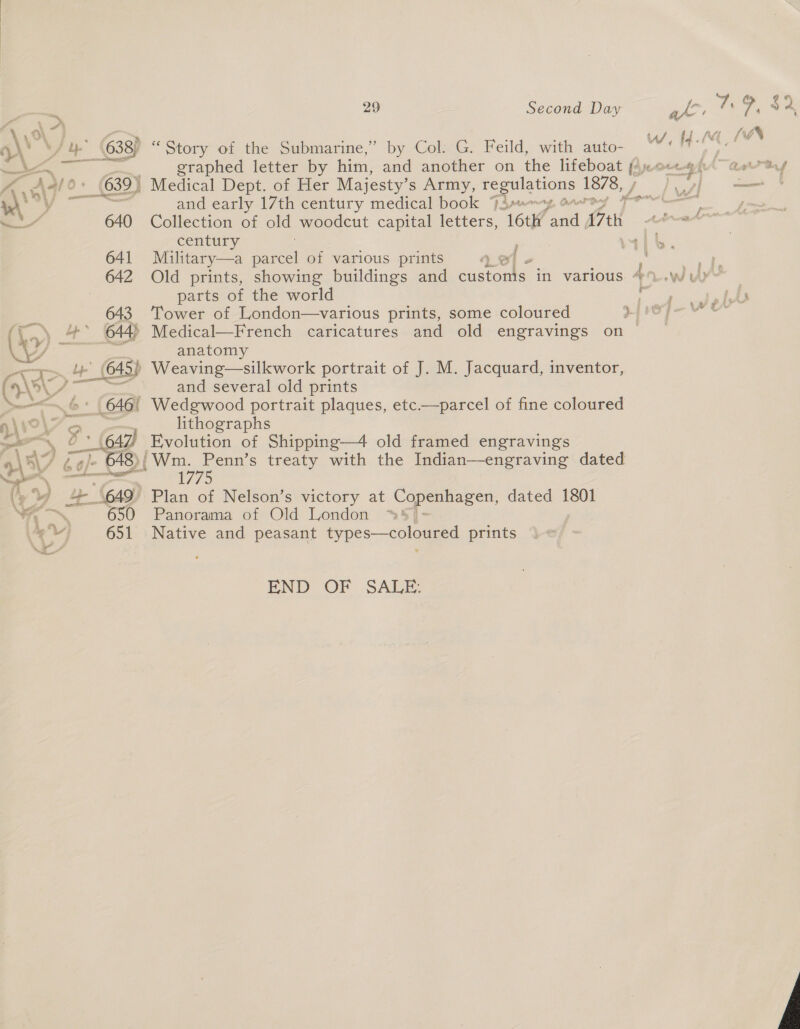  ft g % vy ‘ 1 3\ : z o\ VJ oe 638) “Story of the Submarine,” by Col: G. Feild, with auto- 7 8 ie eraphed letter by him, and another on the oo ty A Aa tay A AF! 0: 639) Medical Dept. of Her Majesty’ s Army, oS 1878, , fo) —eet ee and early 17th century medical book Jje~y 4 : ~~ 640 Collection of old woodcut capital letters, 16th ard in 34 century ; m4ib. 641 Military—a parcel of various prints Ae un _ 642 Old prints, showing buildings and inet in various. 49.W WY = parts of the world yah fobs te 2 5 cee Le £4 643 ‘Tower of London—various prints, some coloured rope we r.\ 4° 644) Medical—French caricatures and old engravings on ~ “ Sigs anatomy Cis ed Weaving—silkwork portrait of J. M. Jacquard, inventor, Co ee ss and several old prints as 646! Wedgwood portrait plaques, etc.—parcel of fine coloured A\ieY) lithographs Sa a, Evolution of Shipping—4 old framed engravings 4) oy bo)- aie 043 Wm. Penn’s treaty with the Indian—engraving dated te a 1775 ¢ Vv a 649’ Plan of Nelson’s victory at Copenhagen, dated 1801 aN 650 Panorama of Old London %%1- Ve; 651 Native and peasant types—coloured prints END OF SAUEB. 